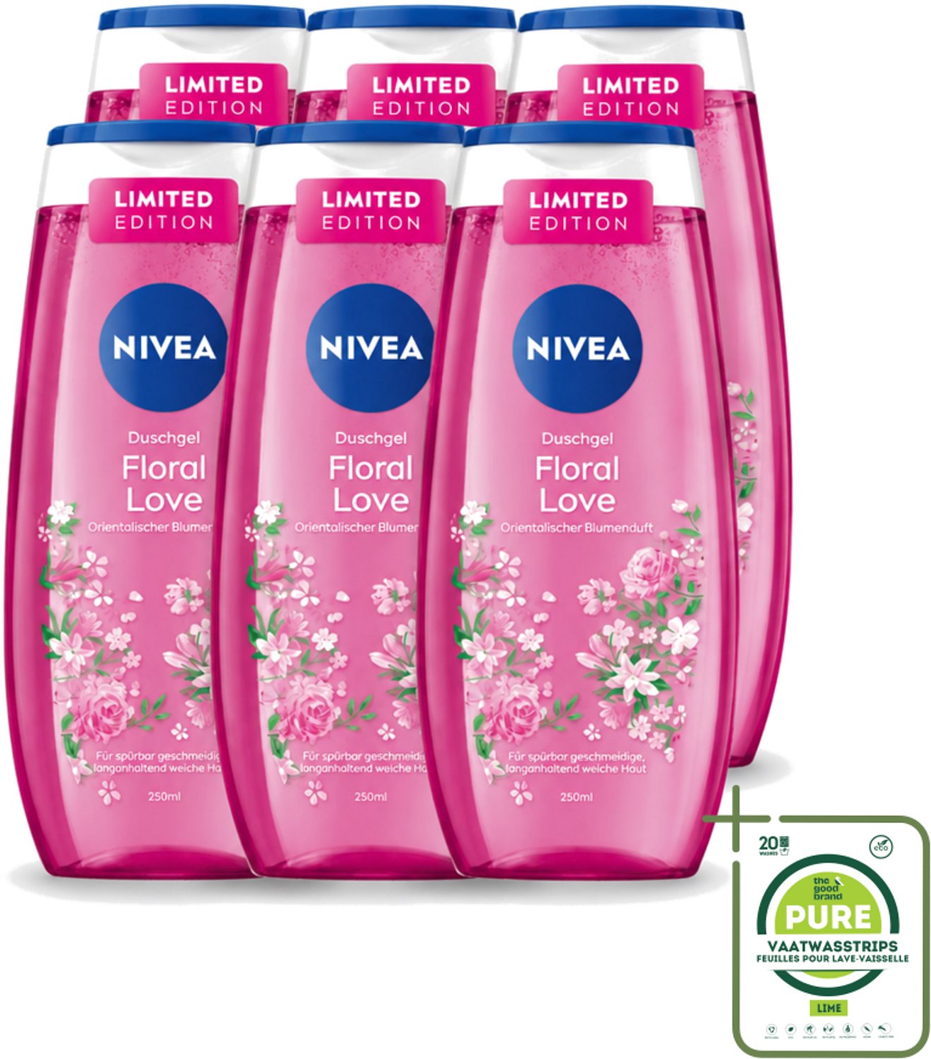 6 x Nivea – Douchegel – Floral Love – 250 ml - Grootverpakking - Vaatwasstrips - Douchegel - Bloemige Geur - Verzorgende Douche - Huid Verzorgen - Milde Reiniging