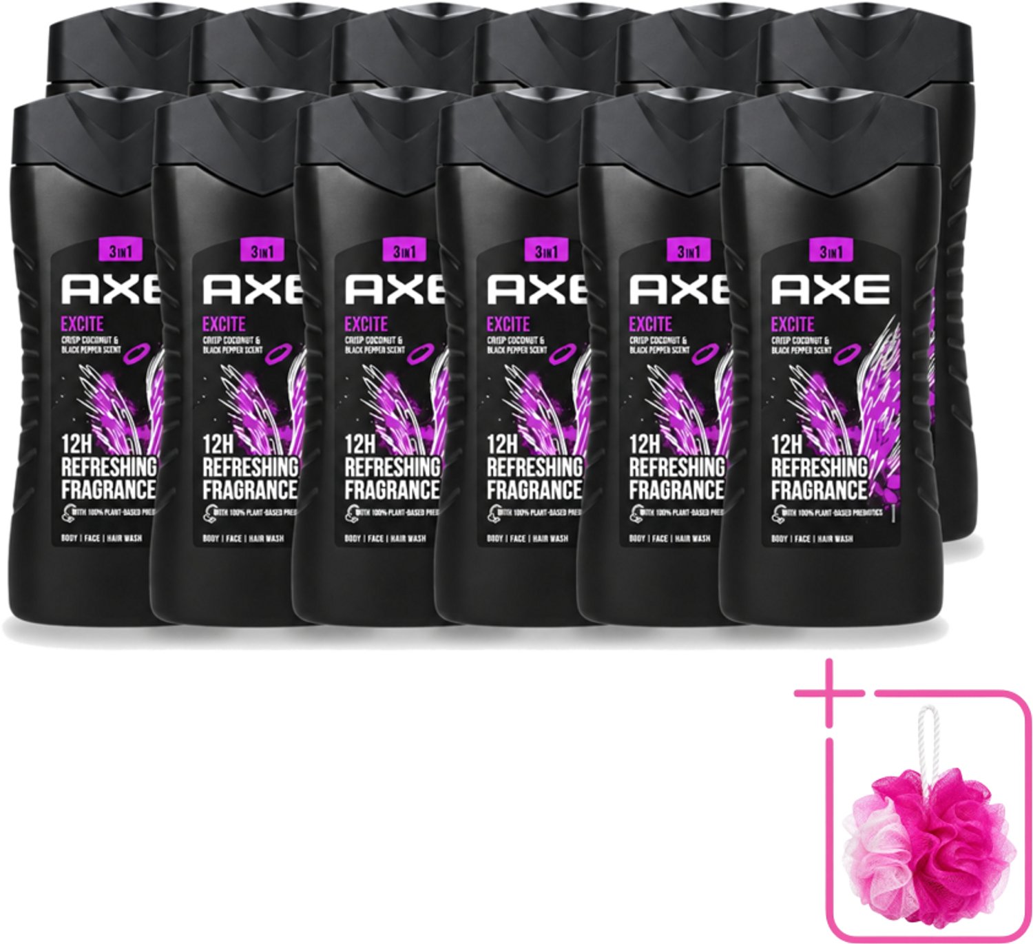 12 x Axe – Douchegel – Excite - 250 ml - Bulkverpakking - Douchegel - Douchemop - Zwarte peper