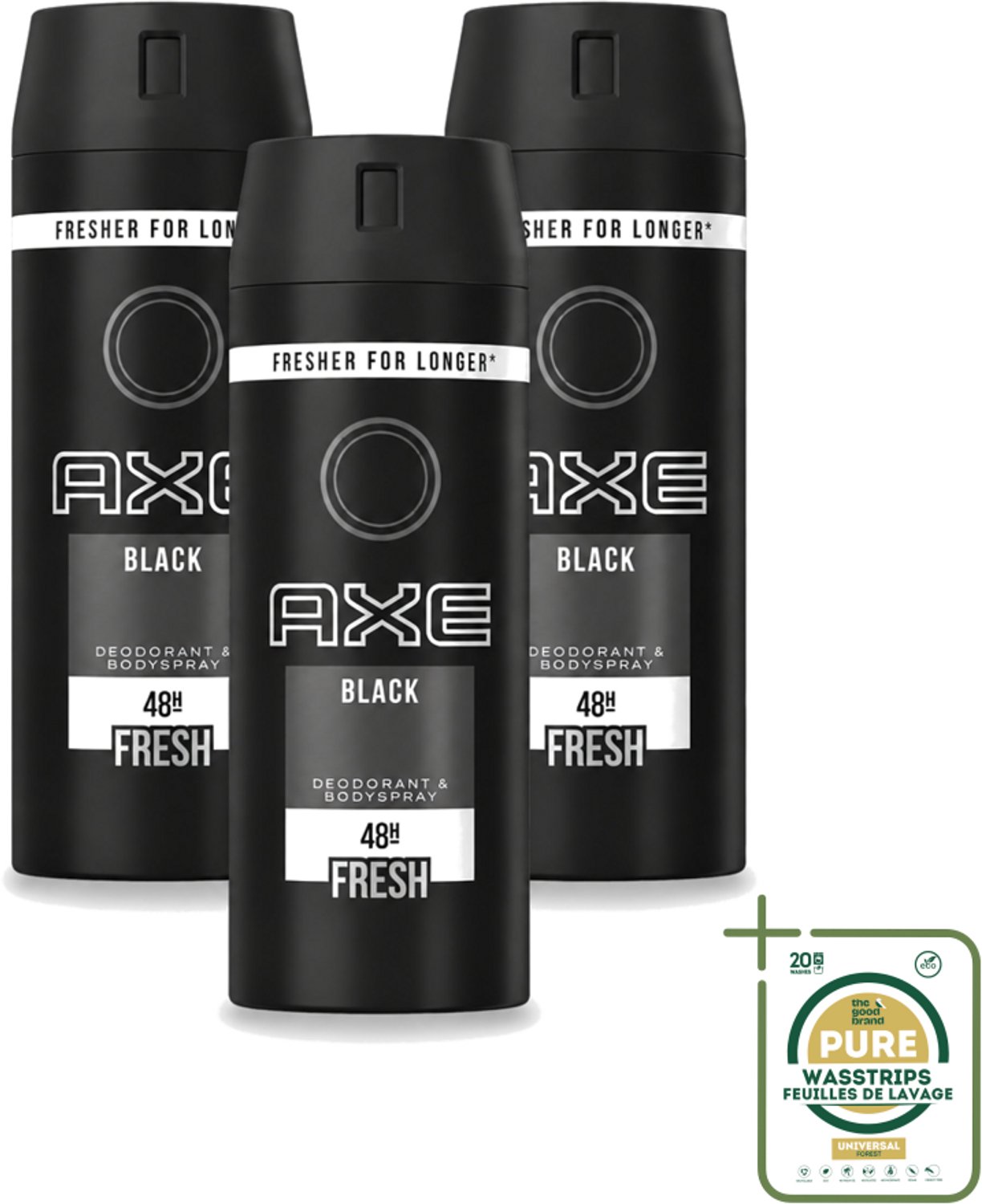 3 x Axe - Deodorant Bodyspray - 48hrs Fresh - Black - 150 ml - Wasstrips - Axe Deodorant - Bodyspray - Anti-transpirant - Zweetgeur - Sandelhout