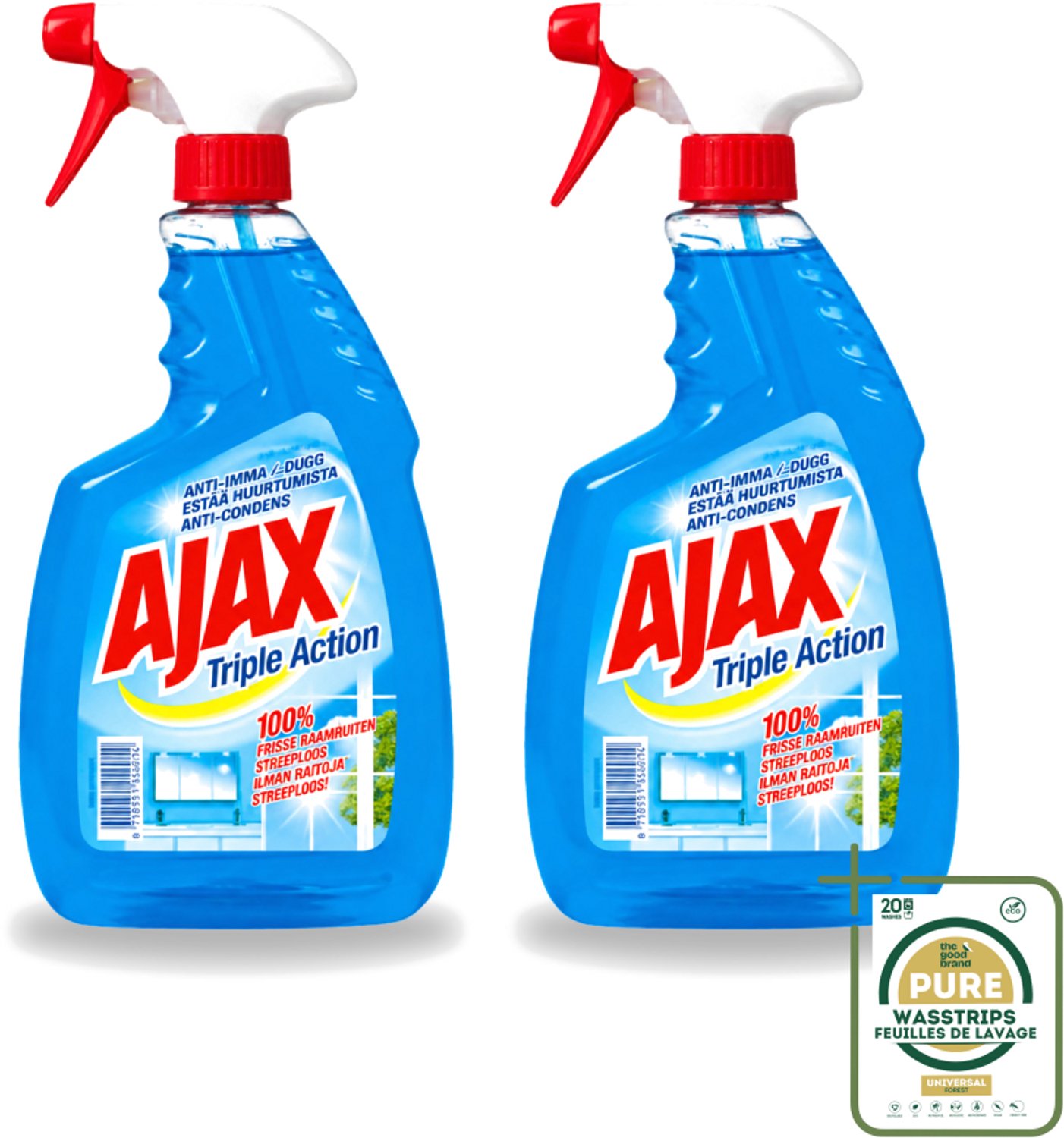 2 x Ajax - Glasreiniger Spray - Triple Action - Streeploos Schoon - Anti-Condens - 750 ml - Wasstrips - Glas Reinigen - Ramen Reinigen - Glas Reiniger - Streeploos Schoon - Anti-condens