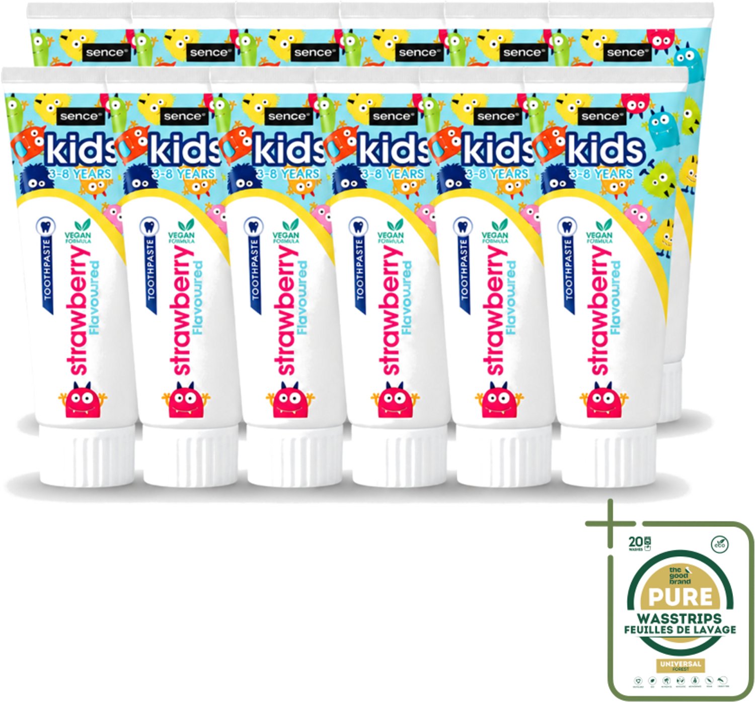 12 x Sence - Kids 3-8 Jaar - Tandpasta - Aardbei Smaak - Vegan - 75 ml - Wasstrips - Tandpasta Voor Kinderen - Kindertandpasta - Aardbei Tandpasta - Vegan Tandpasta - Tandenpoetsen Voor Kinderen