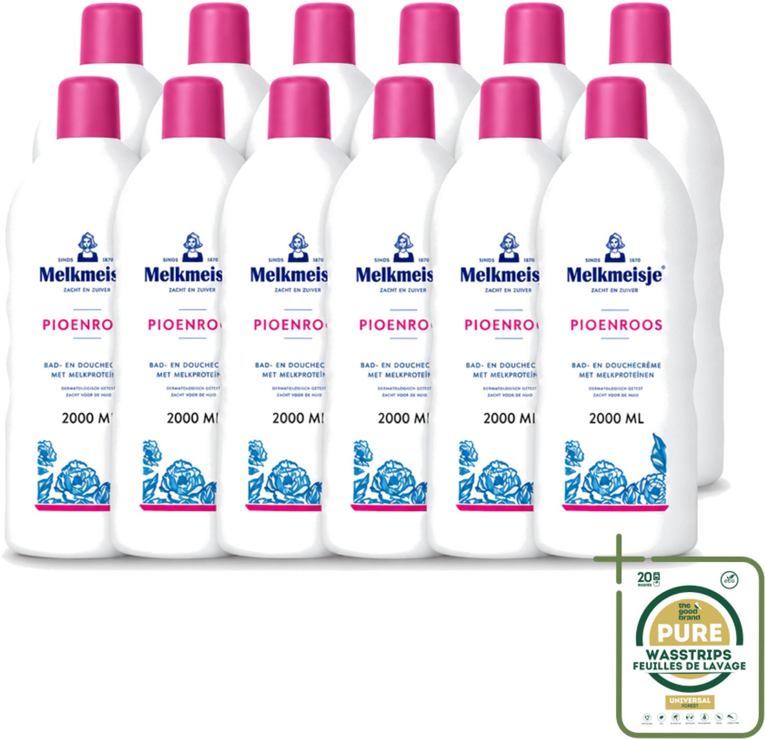12 x Melkmeisje - Bad & Douche - Pioenroos Geur - Verzorgend & Hydraterend - 2000 ml - Wasstrips - Douchecrème - Melkproteïnen - Katoen - Huidverzorging - Pioenroos