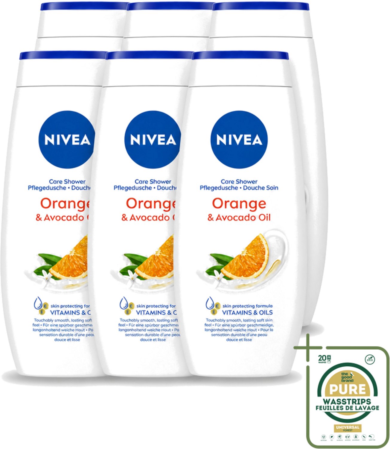 6 x Nivea - Douchegel - Orange - Voelbaar Gladde Huid - 250 ml - Wasstrips - Douchegel - Huid Verzorgen - Bamboemelk - Sinaasappelgeur - Voelbaar Gladde Huid