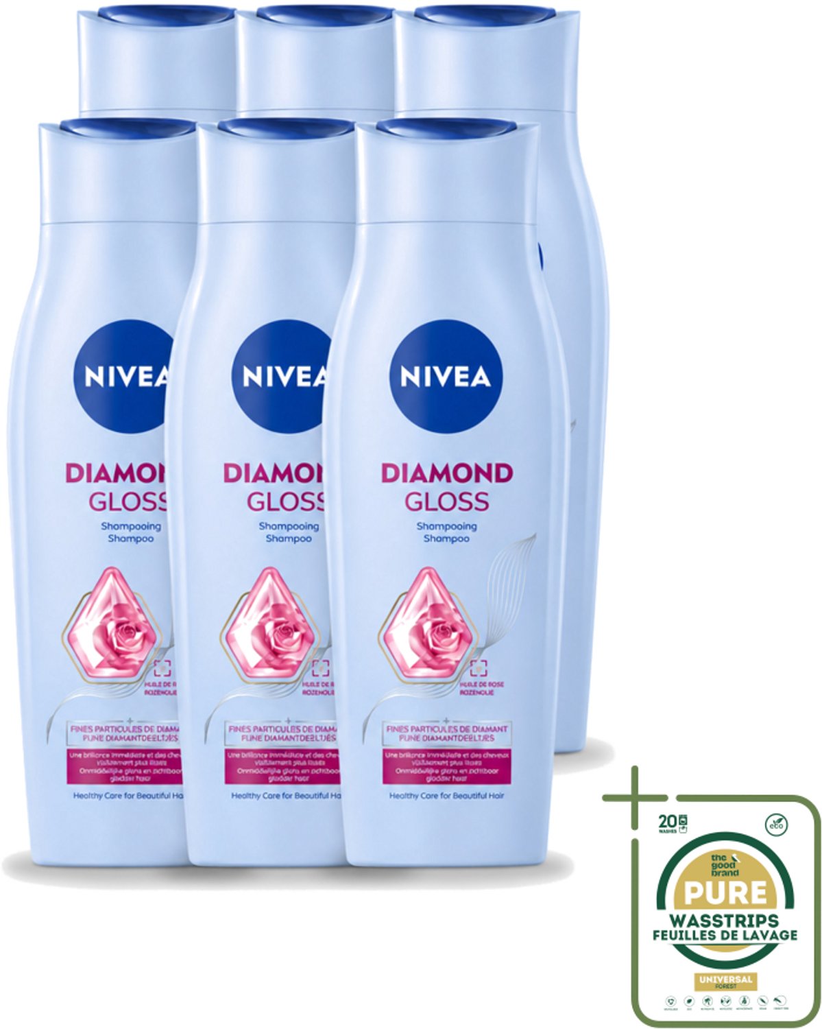 6 x Nivea - Shampoo - Diamond Gloss - 250 ml - Wasstrips - Diamanten Glans - Verzorging Haar - Schitterende Glans - Gezond Haar - Soepel Haar