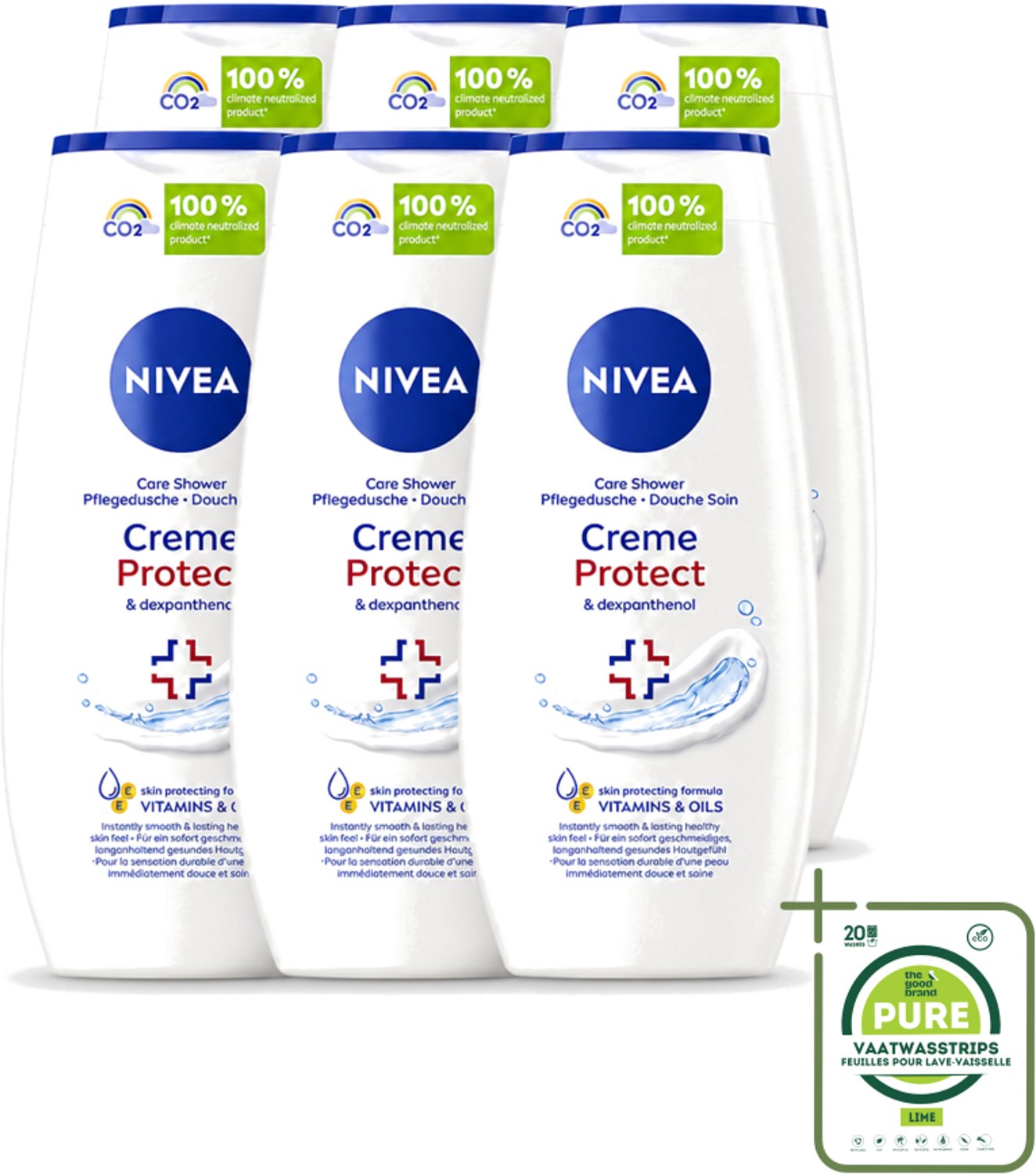 6 x Nivea - Douchegel - Crème Protect & Dexpantenol - Unieke Nivea Crème Geur - 250 ml - Grootverpakking - Vaatwasstrips - Douchegel - Huidverzorging - Vitamine C - Vitamine E - Olijfolie