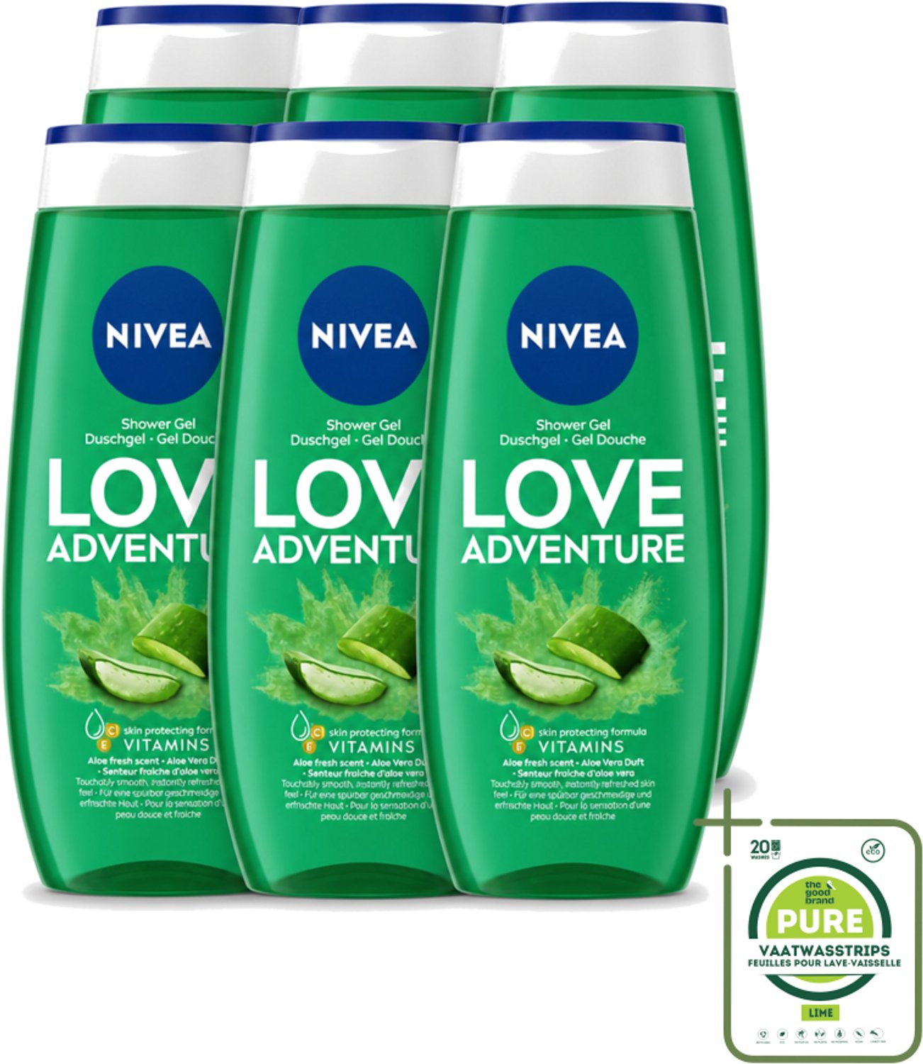 6 x Nivea - Love Adventure Douchegel - Huidbeschermend - 250 ml - Grootverpakking - Vaatwasstrips - Douchegel - Verfrissend - Huidbeschermend - Vitamine C - Vitamine E