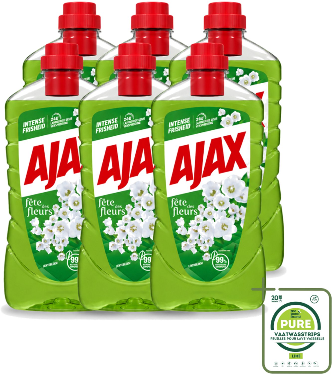 6 x Ajax - Allesreiniger - Fête des Fleurs - Lentebloem - Met Essentiële Oliën - 1 L - Grootverpakking - Vaatwasstrips - Allesreiniger - Natuurlijke Reiniger - Frisse Geur - Reinigingskracht - Lentebloem