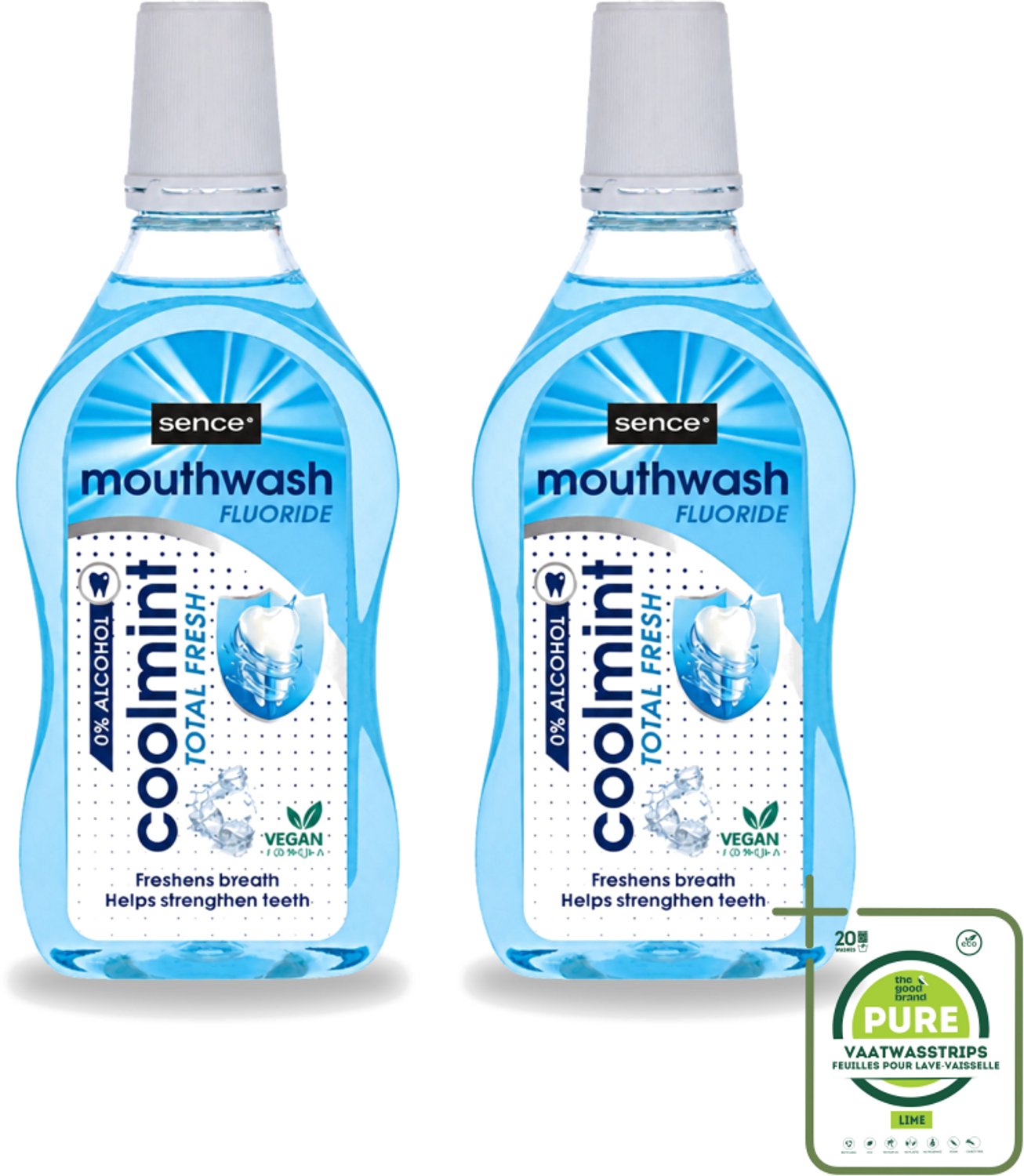 2 x Sence - Fresh Coolmint - Mondwater - Verfrissend - 500 ml - Grootverpakking - Vaatwasstrips - Mondwater - Frisse Adem - Koele Mint - Fluoride - Mondhygiëne