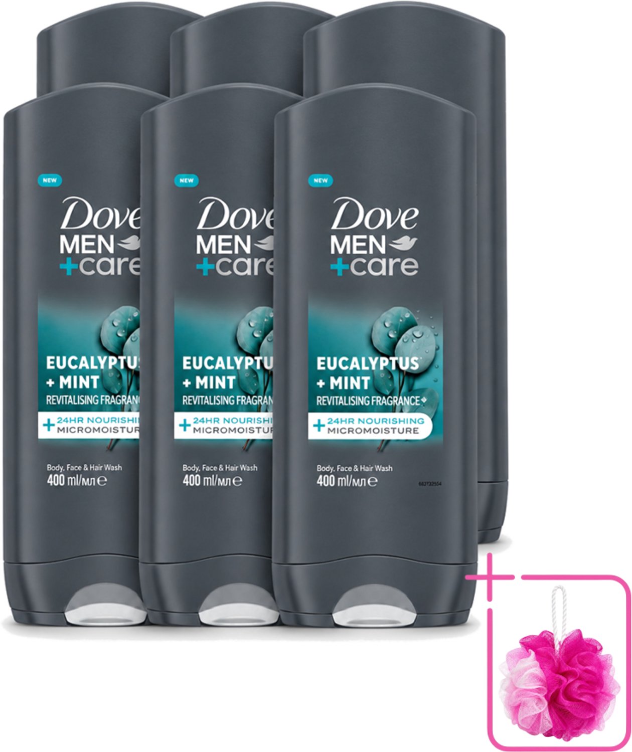 6 x Dove - Douchegel - Men+ Care Eucalyptus + Mint - Verfrissend en kalmerend - 400 ml - Bulkverpakking - Douchegel voor mannen - Douchemop - Eucalyptus en munt
