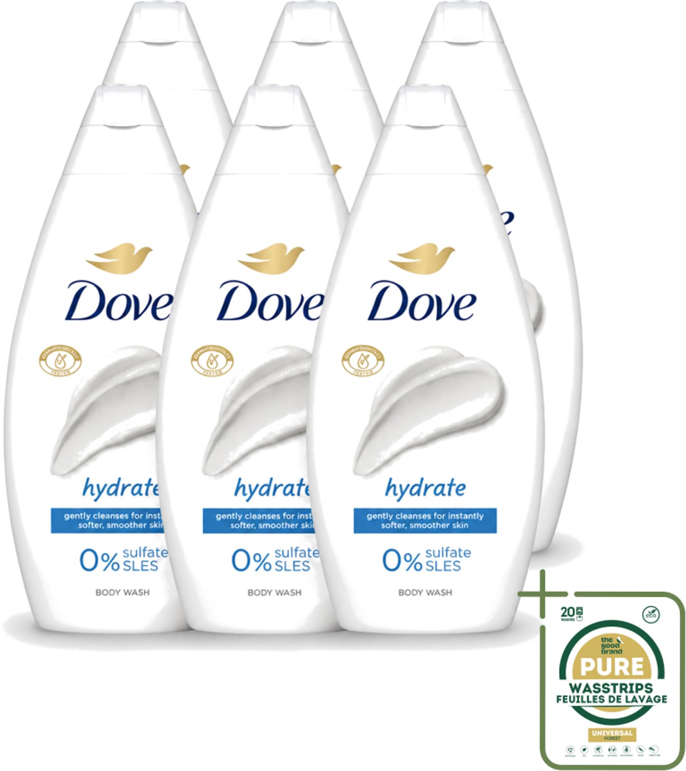 6 x Dove – Douchegel – Hydrate – 450 ml - Wasstrips - Douchegel Hydrate - Hydraterende Douchegel - Zachte Huid - Mild Reinigen - Huid Verzorgen