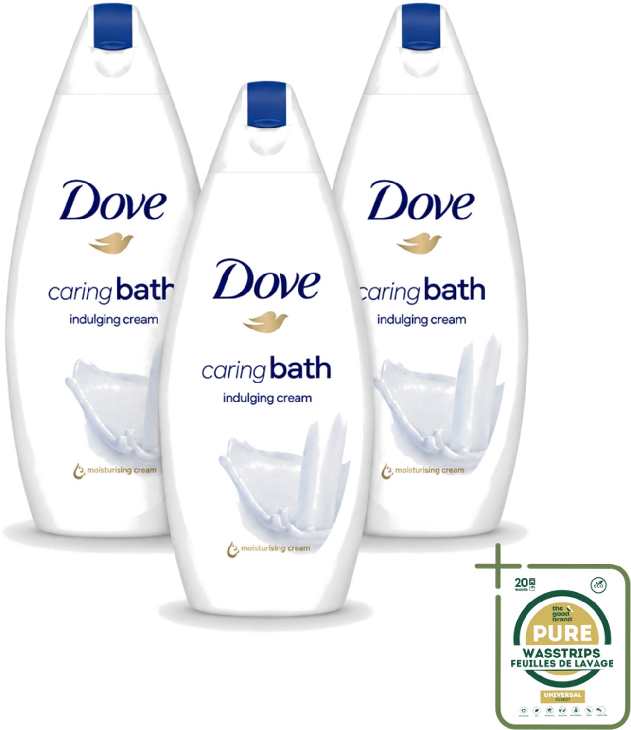 3 x Dove – Douchegel – Caring Bath – 450 ml - Wasstrips - Douchegel - Huid Verzorging - Milde Reiniging - Hydraterende Crème - Zachte Huid