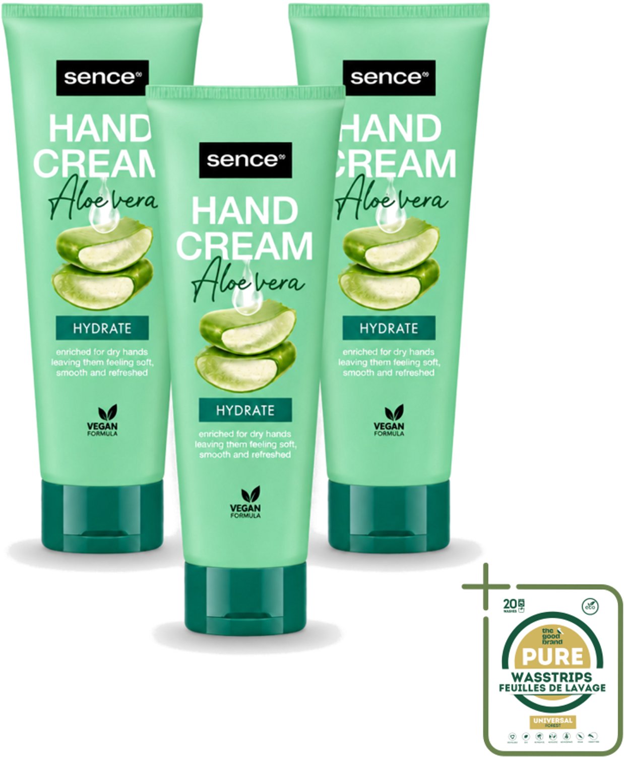3 x Sence Beauty – Handcrème – Aloë Vera – 75 ml - Wasstrips - Handcrème Aloë Vera - Handverzorging - Droge Handen - Ruwe Handen - Schrale Handen