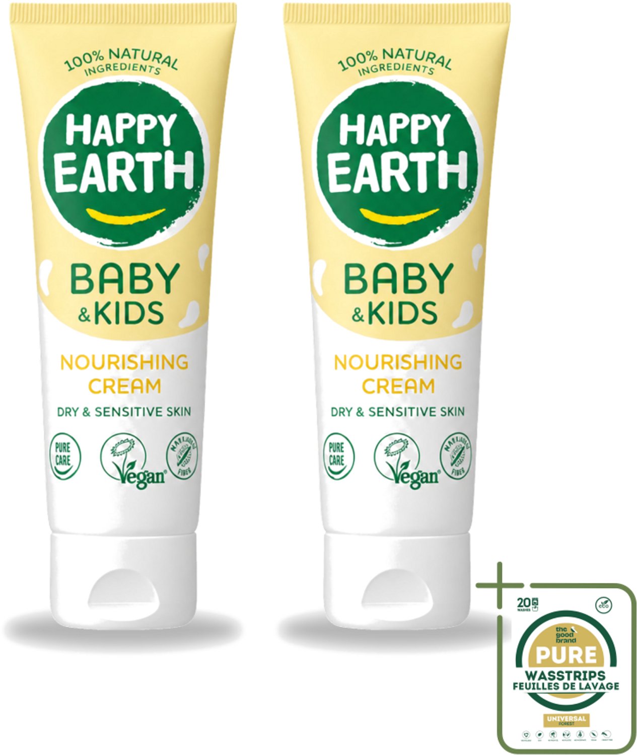 2 x Happy Earth – Nourishing Cream – 100% Natuurlijk Baby & Kids – 75 ml - Wasstrips - 100% Natuurlijke Crème - Babyhuid Verzorging - Gevoelige Huid Verzorging - Droge Huid Verzorging - Sheaboter Crème