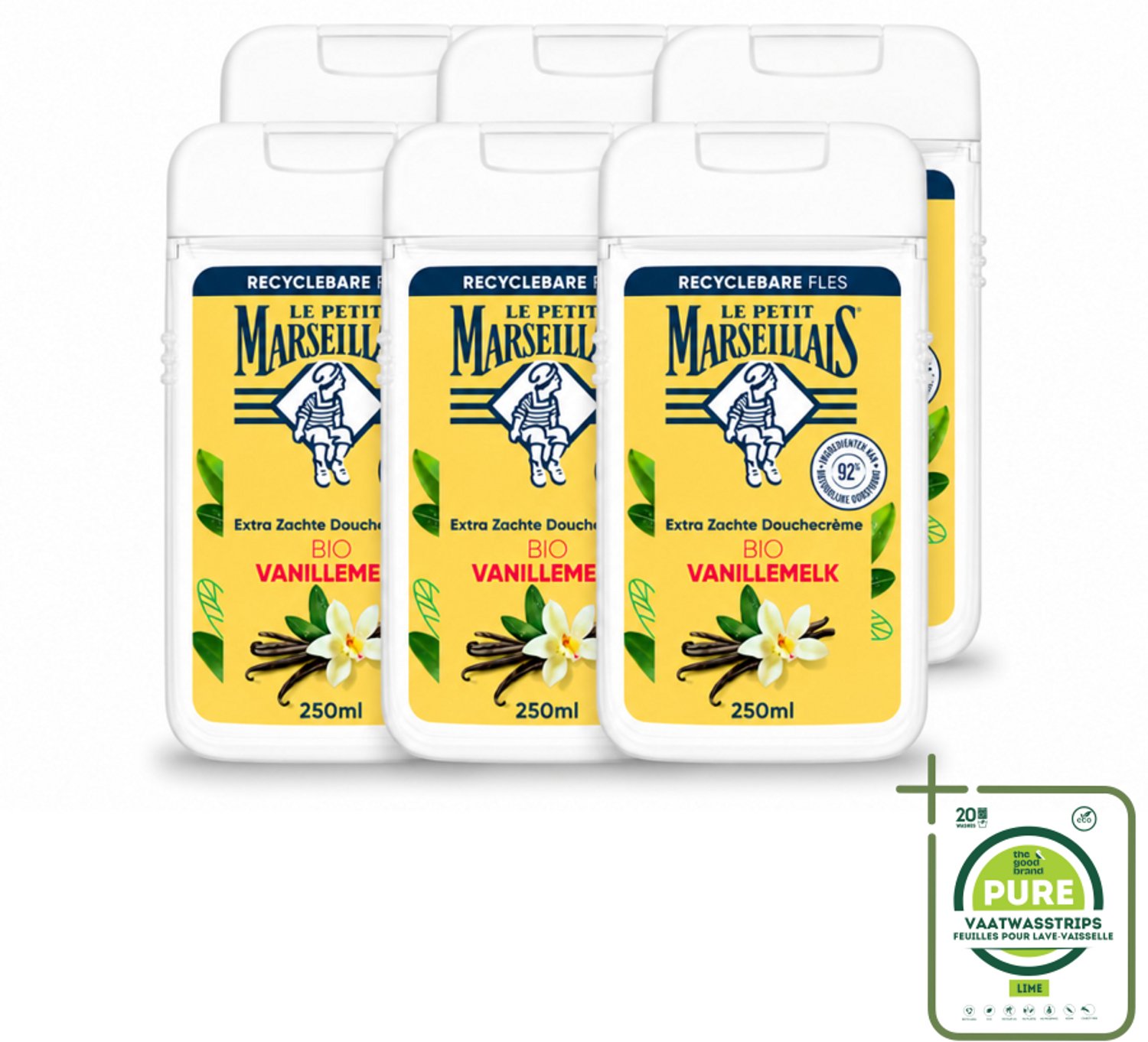6 x Le Petit Marseillais – Douchecrème – Lait de Vanille Bio – Extra zacht – 250 ml - Grootverpakking - Vaatwasstrips - Douchecrème - Vanille - Bio - Huid Verzorgen - Natuurlijke Douchecrème