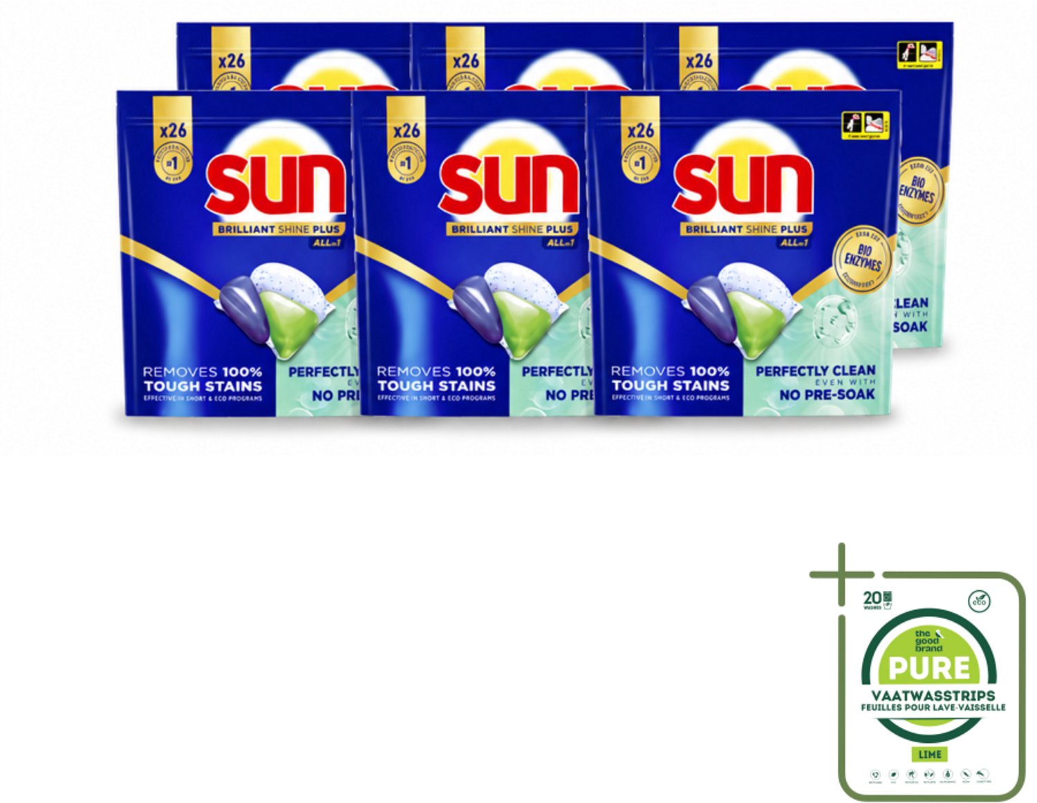 6 x Sun – Vaatwascapsules – Brilliant Shine+ All-in-1 - 26 capsules - Grootverpakking - Vaatwasstrips - Vaatwasmiddel - Vaatwascapsules - Schone Vaat - Vlekken Verwijderen - Vaat Reinigen