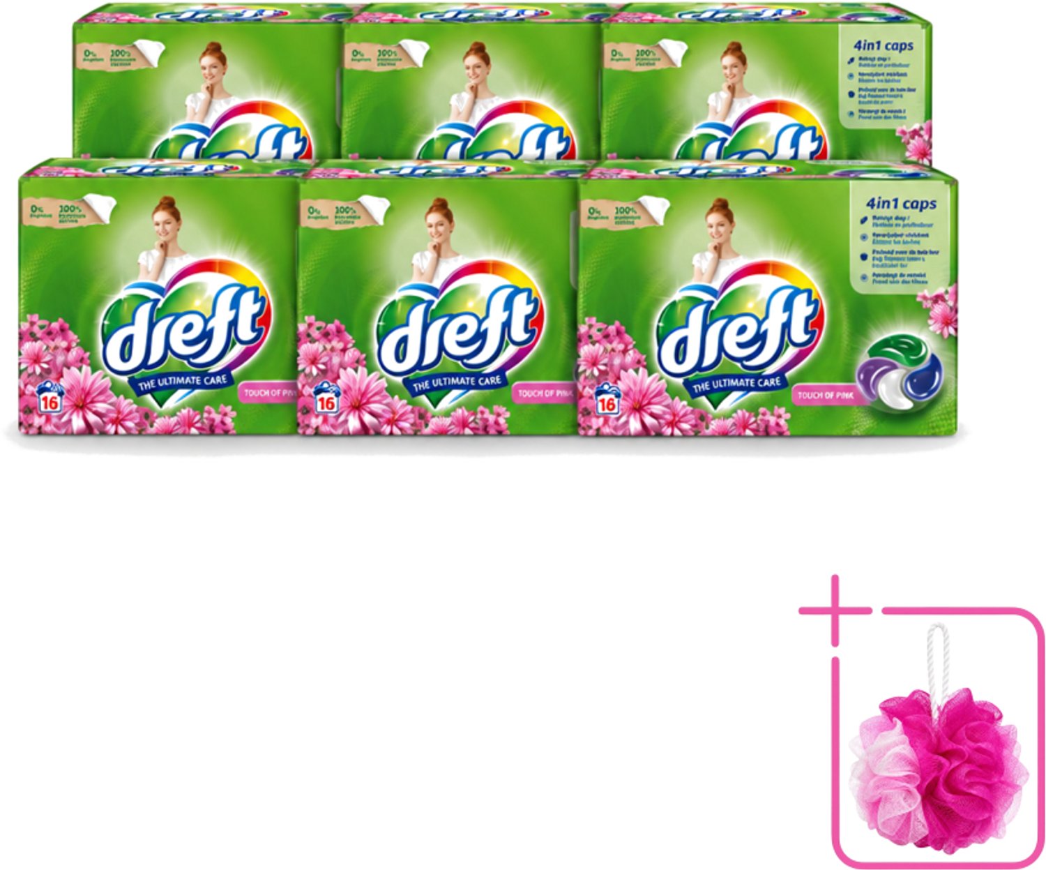 6 x Dreft - Wasmiddelcapsules - Touch of Pink - Geurige verzorging - 16 Wasbeurten - Bulkverpakking - Wasmiddel - Douchemop - Wasmiddelcapsule