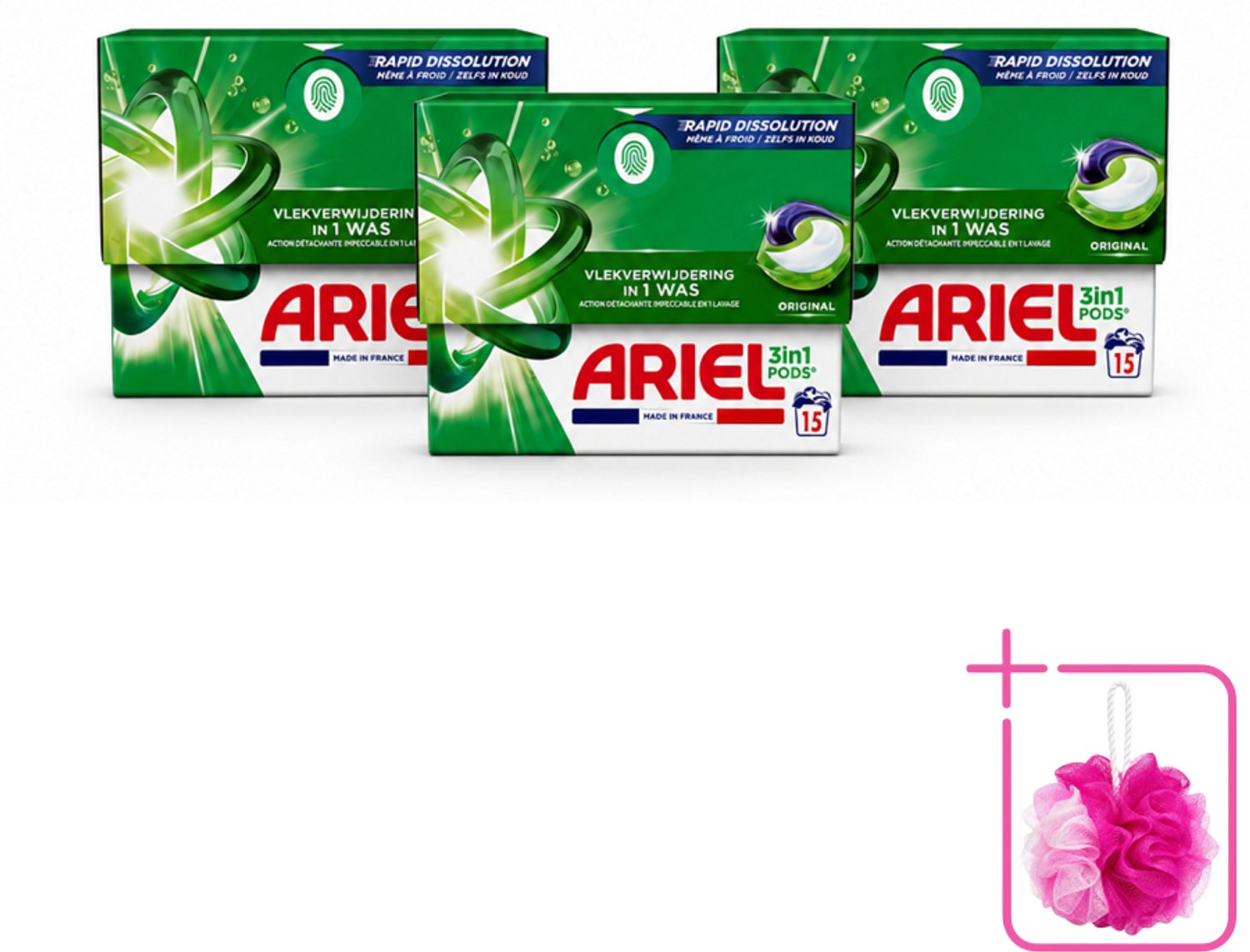 3 x Ariel - 3in1 Wasmiddel Pods - Original - 15 Pods - Bulkverpakking - Wasmiddel pod - Douchemop - Wasmiddel voor koude was