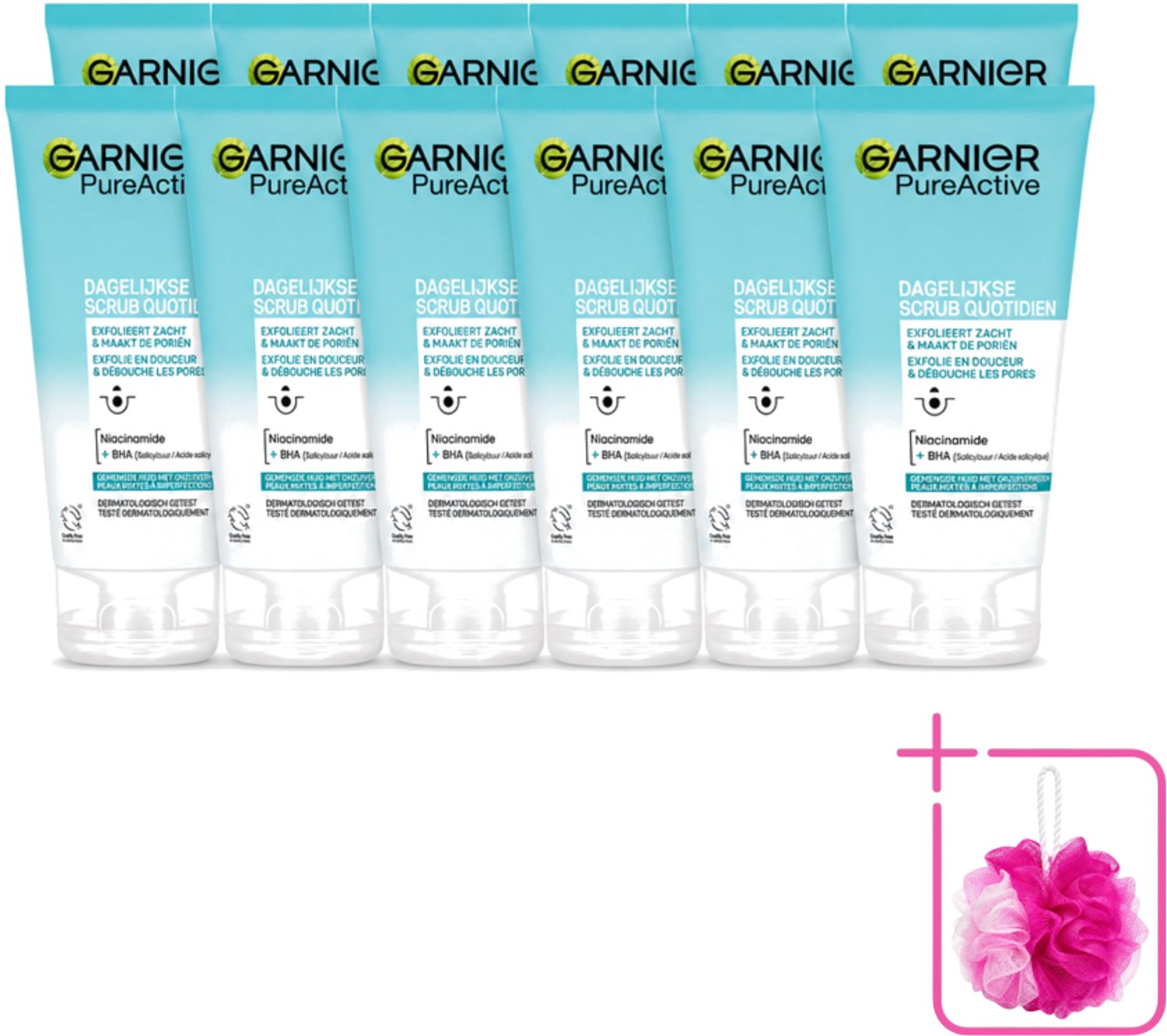 12 x Garnier - Pure Active - Dagelijkse Scrub - Niacinamide & BHA - Exfolieert & Reinigt Poriën - 150 ml - Bulkverpakking - Exfoliatie - Douchemop - Reinigen