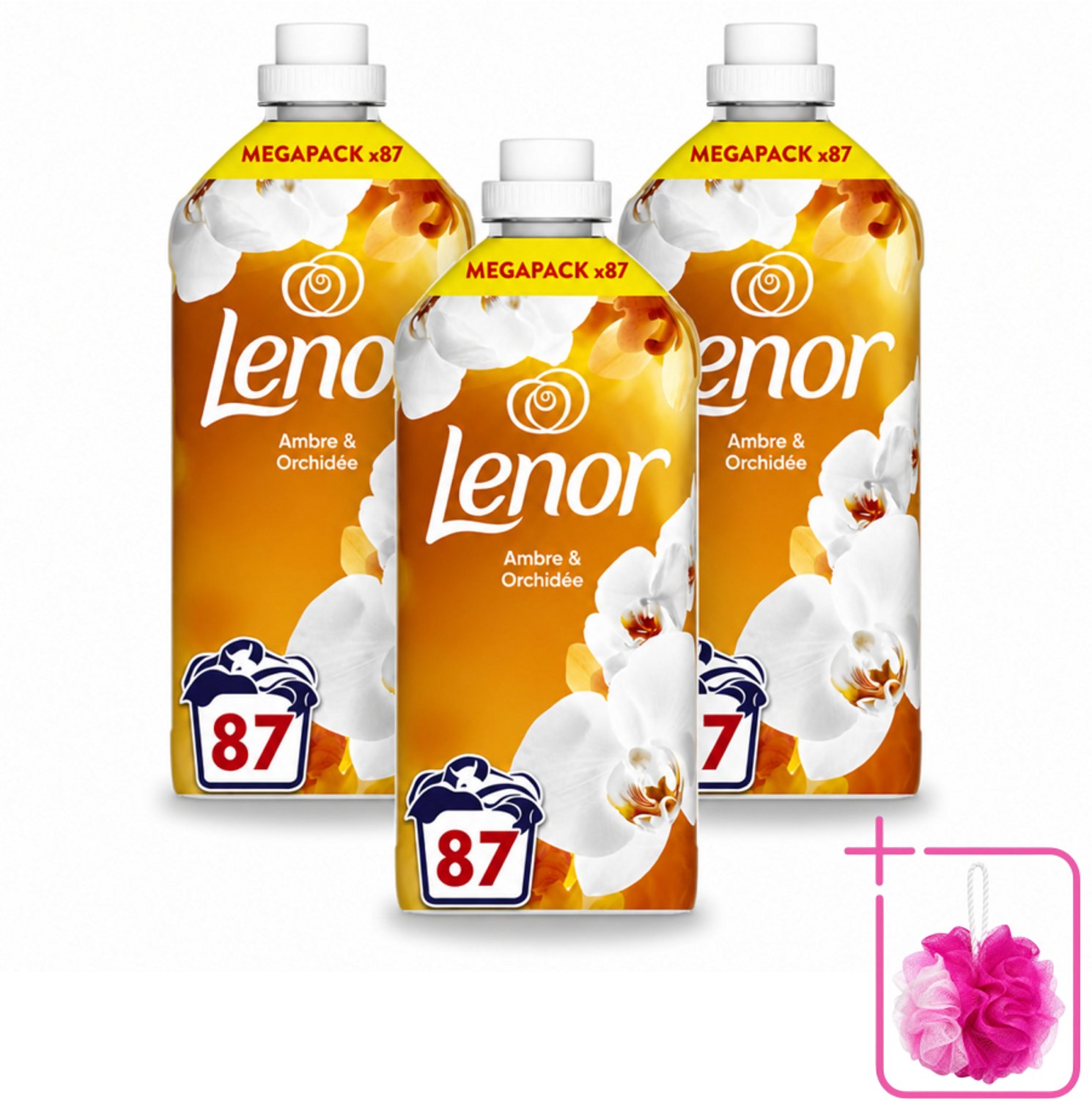 3 x Lenor - Wasverzachter - Amber & Orchidee - Fris & Zacht - 87 Wasbeurten - Bulkverpakking - Wasverzachter - Douchemop - Geur