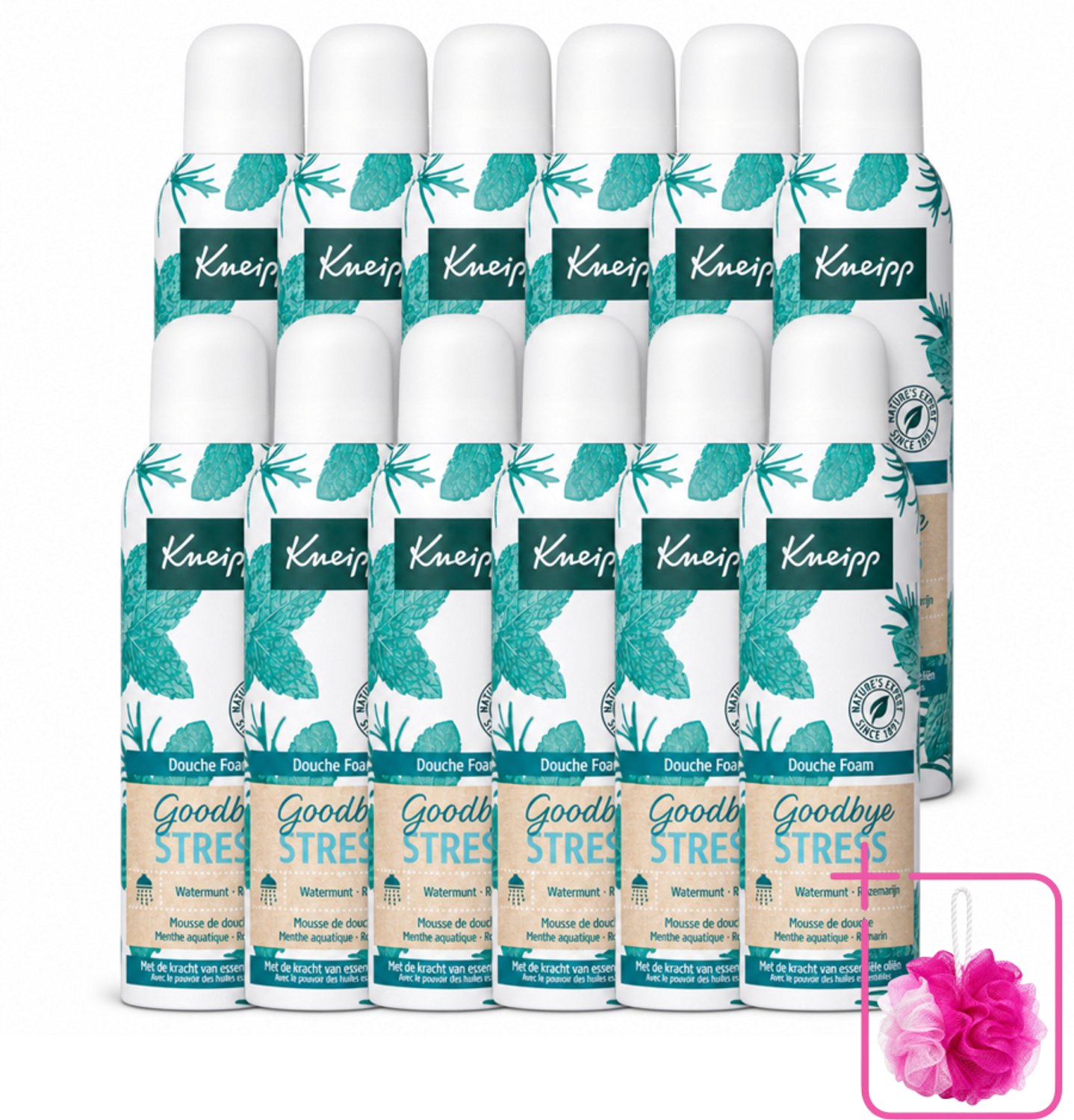 12 x Kneipp - Douche schuim - Goodbye Stress - Watermunt & Rozemarijn - 200 ml - Bulkverpakking - Douche foam - Douchemop - Stress verlichten