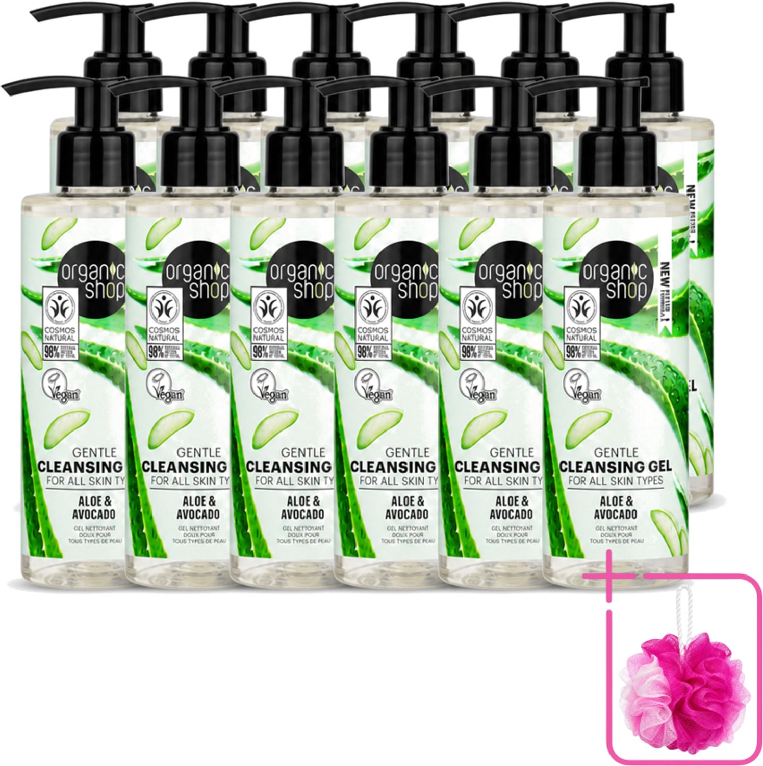 12 x Organic Shop - Cleansing Gel Avocado & Aloe - Verfrissend en Hydraterend - 200 ml - Bulkverpakking - Gezichtsreiniger - Douchemop - Natuurlijke reiniging