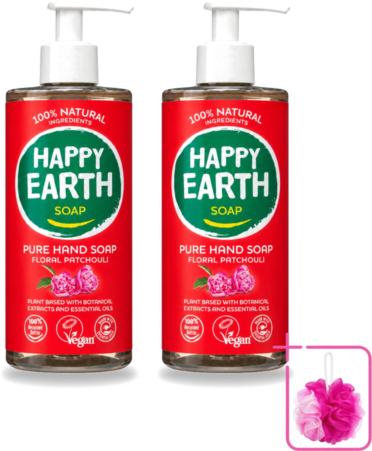 2 x Happy Earth – Handzeep – 100% Natuurlijk Floral Patchouli – 300 ml - Bulkverpakking - Natuurlijke handzeep - Douchemop - Vegan handzeep