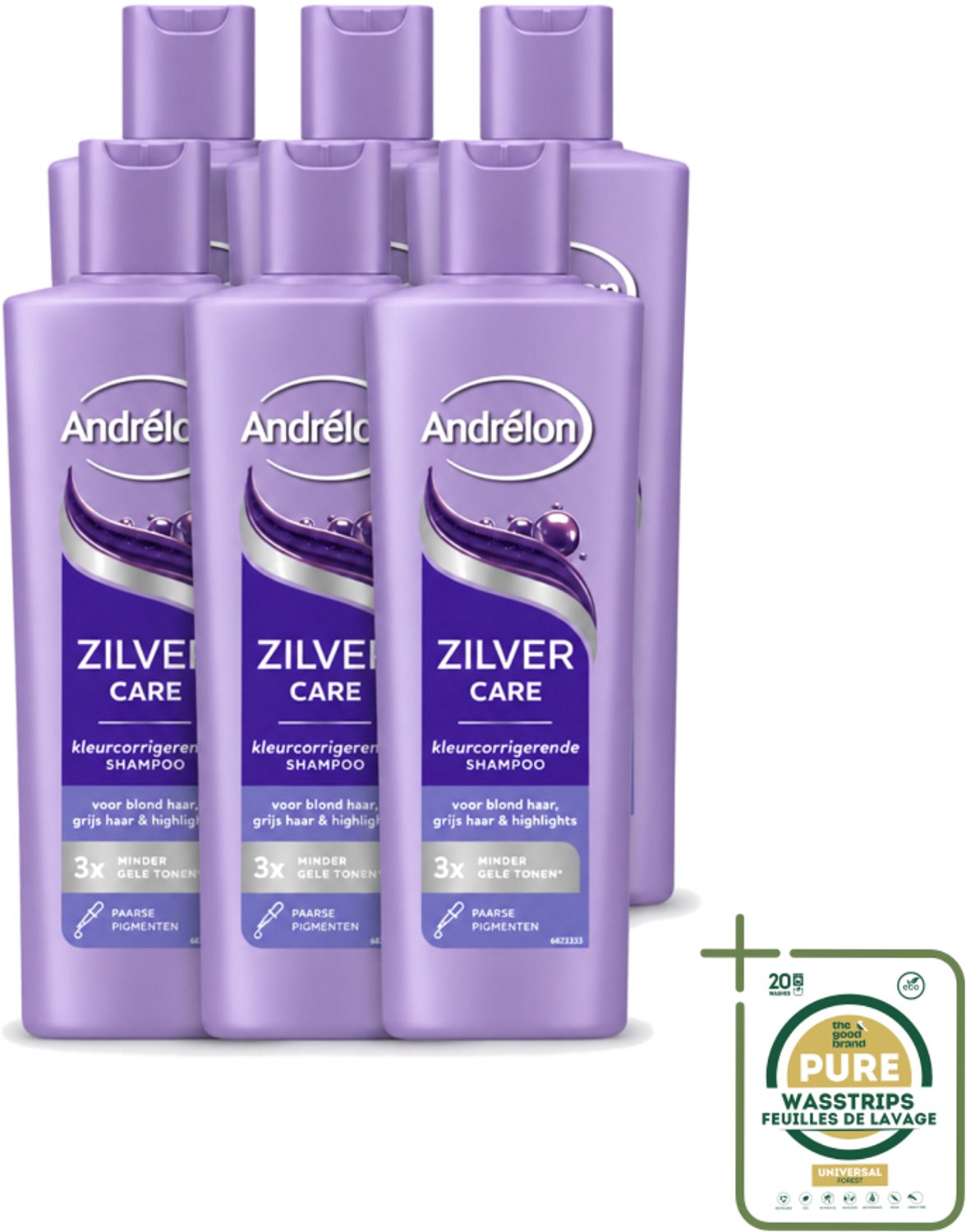 6 x Andrélon – Shampoo – Zilver Care – 250 ml - Wasstrips - Zilver Care Shampoo - Haarkleur Corrigeren - Gele Tonen Verminderen - Paarse Pigmenten - Blond Haar