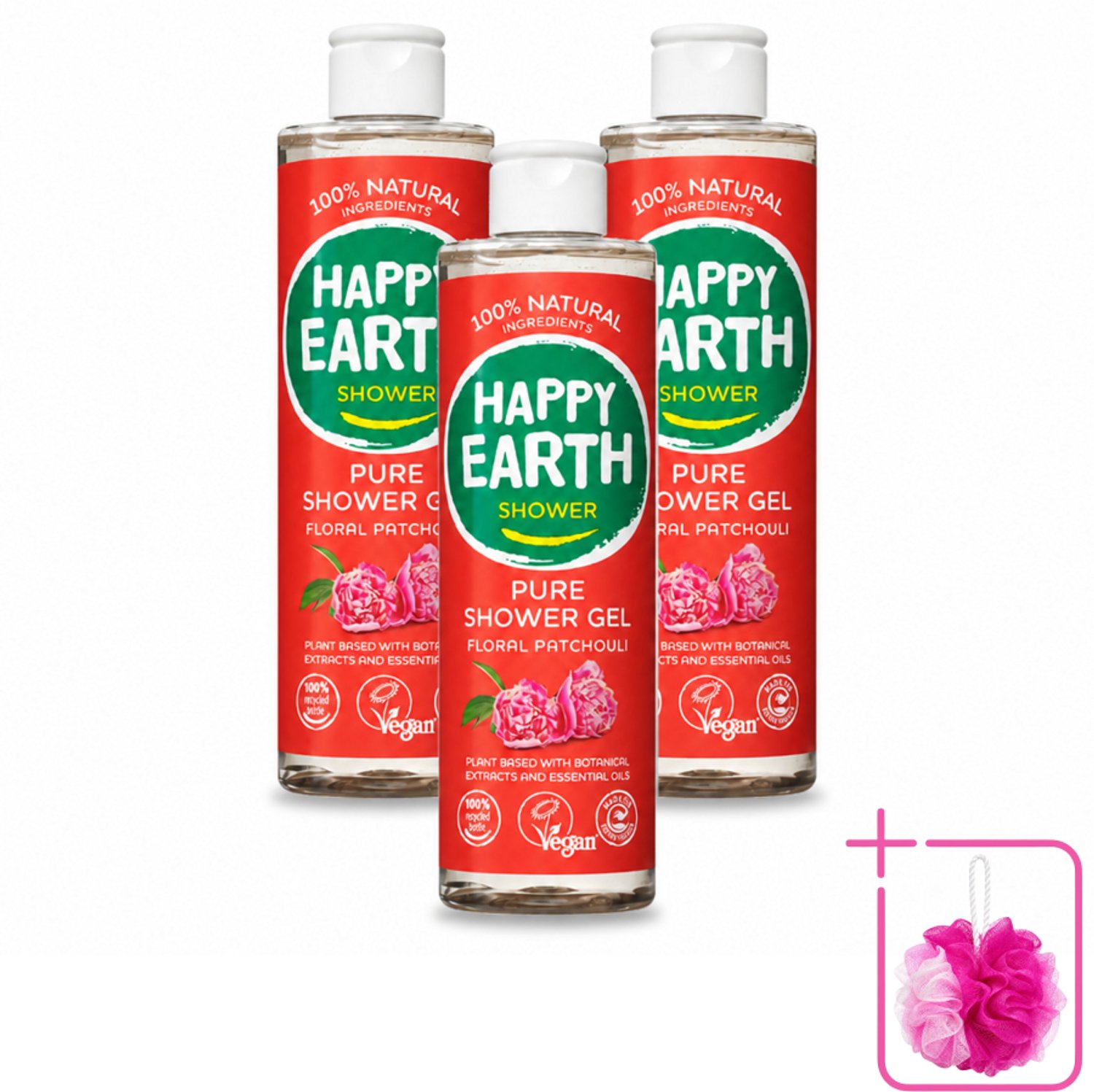 3 x Happy Earth – Douchegel – 100% Natuurlijk Floral Patchouli – 300 ml - Bulkverpakking - Douchegel - Douchemop - Natuurlijke douchegel