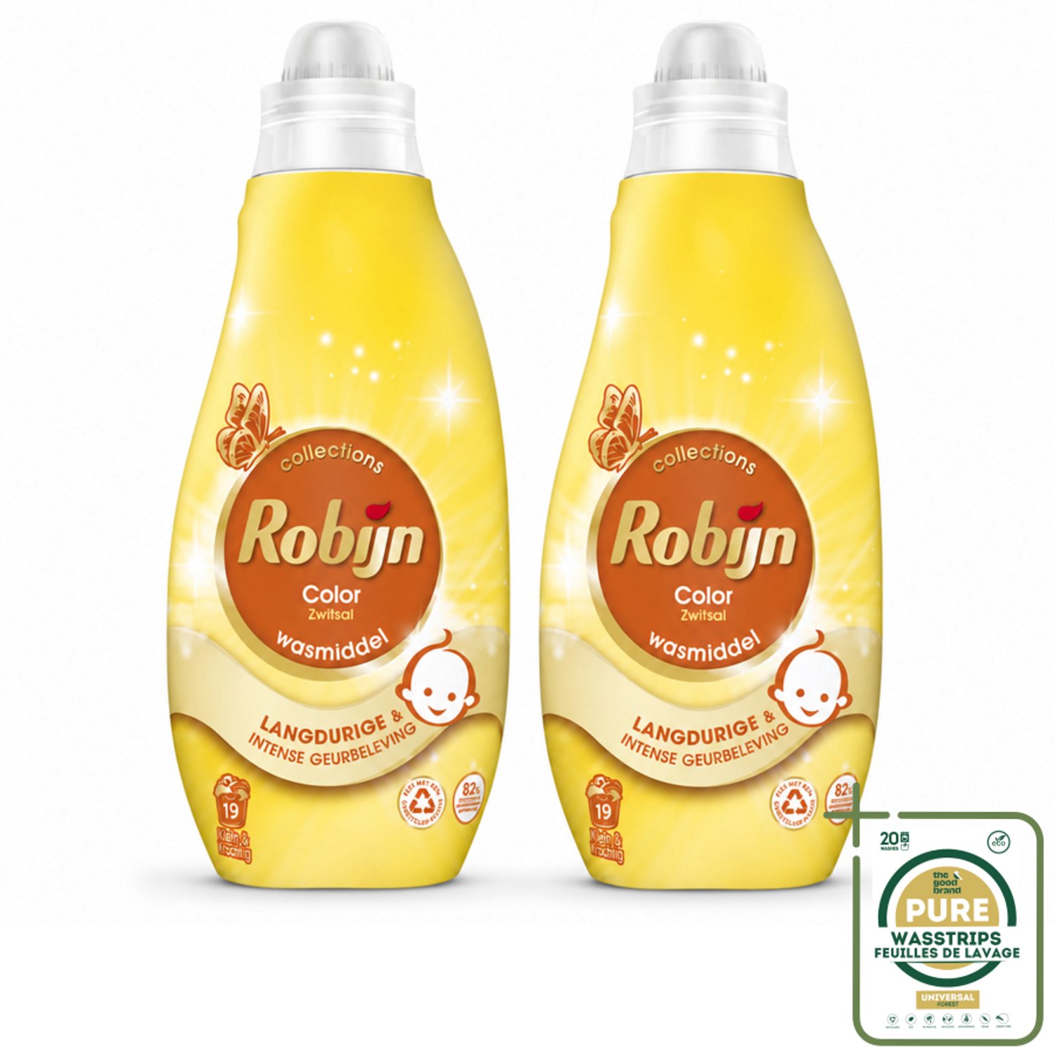 2 x Robijn - Klein & Krachtig Collections Color Zwitsal - Vloeibaar Wasmiddel - 19 Wasbeurten - Wasstrips - Wasmiddel Kleurbehoud - Wasmiddel Zwitsal - Wasmiddel Bonte Was - Wasmiddel Gekleurde Was - Wasmiddel 40°C