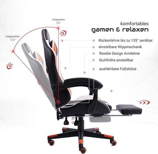 Gamingstoel in racingdesign - Met verstelbare armleuningen en voetensteun - Zwart-wit-oranje — afbeelding 3