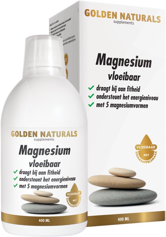 Fles met Golden Naturals Magnesium vloeibaar 400 ml, met gestapelde stenen en sinaasappelsmaak-logo.