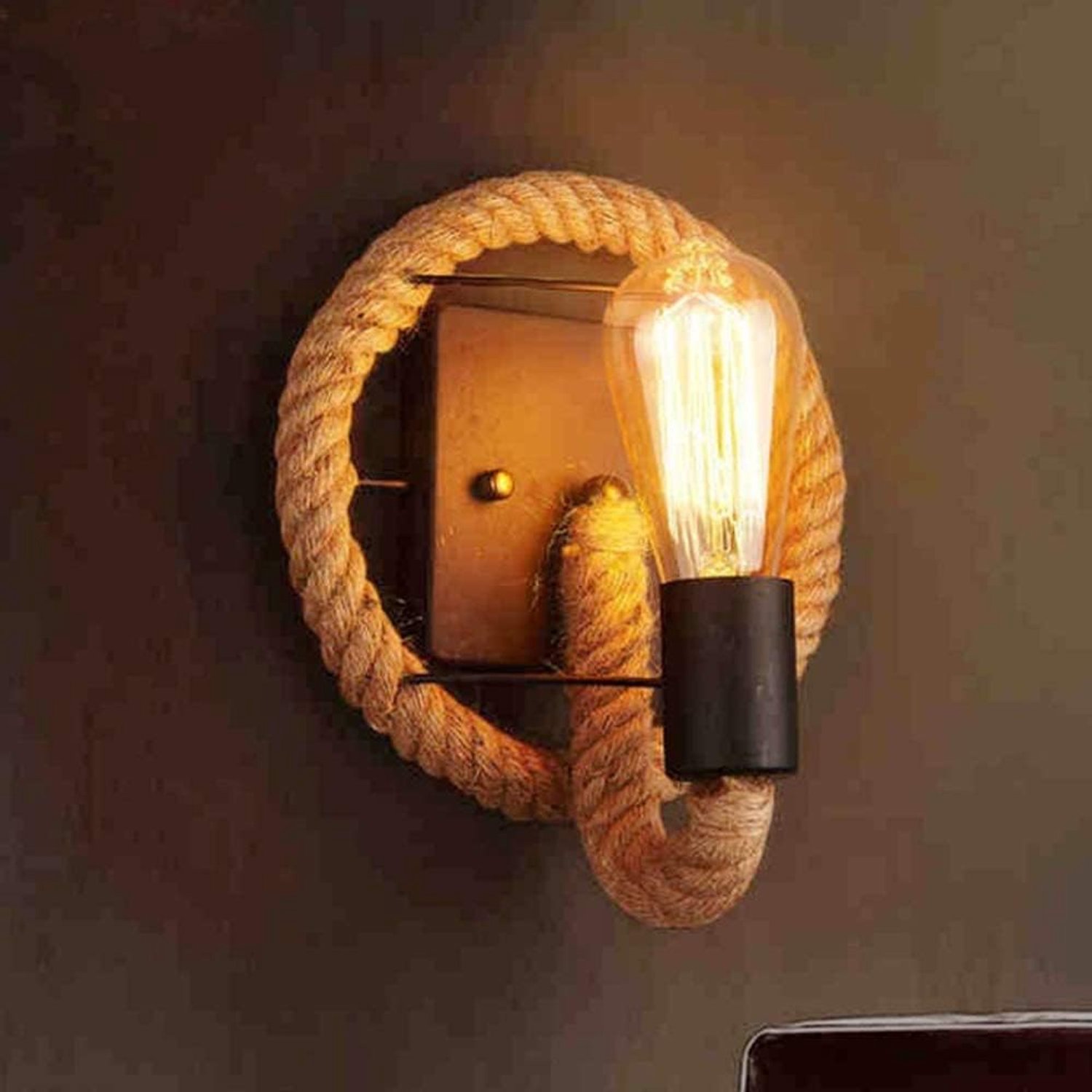Amerikaans land henneptouw wandlamp, vintage wandlamp industriële bronzen lamphouder hangende wandkandelaar met henneptouw deco voor keuken, eetkamer, badkamer, woonkamer, hal, bar (ovaal)