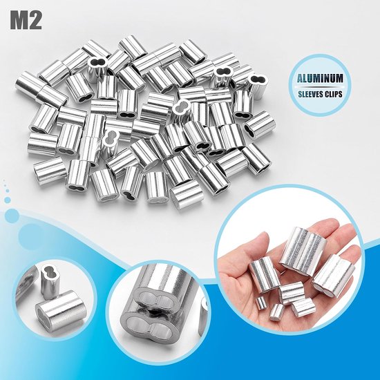 60 Stuks M2 Aluminium Persklemmen, Aluminium Krimphuls met Dubbele Gaten, Draad Touw Mouwen, voor Staalkabel — afbeelding 3