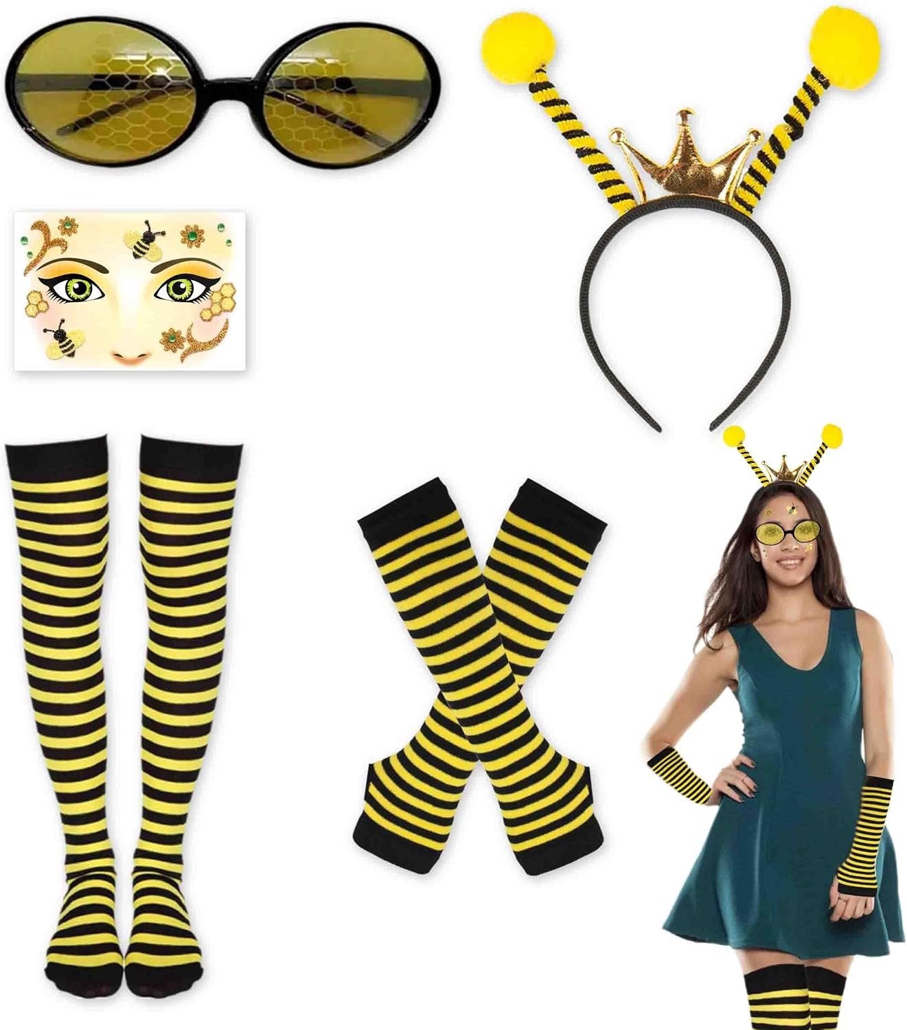 Complete Bijen Kostuum Set voor Volwassenen met Hoofdband, Bril, Handschoenen en Kousen voor Carnaval en Halloween Cosplay