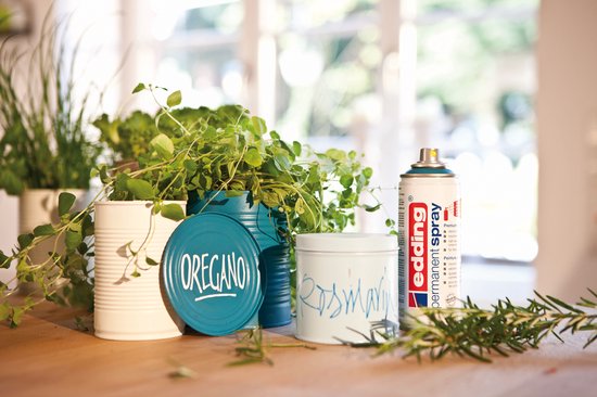 Kruidenplanten in witte en blauwe blikken. Blauw blik met de tekst 'OREGANO'. Edding spuitbus ernaast.
