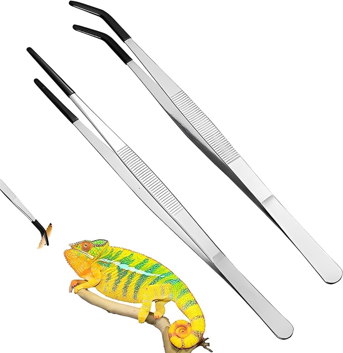 2 stuks voederpincetten voor reptielen, roestvrij staal met zwarte siliconen punt, recht en gebogen, voor - ShopVlot