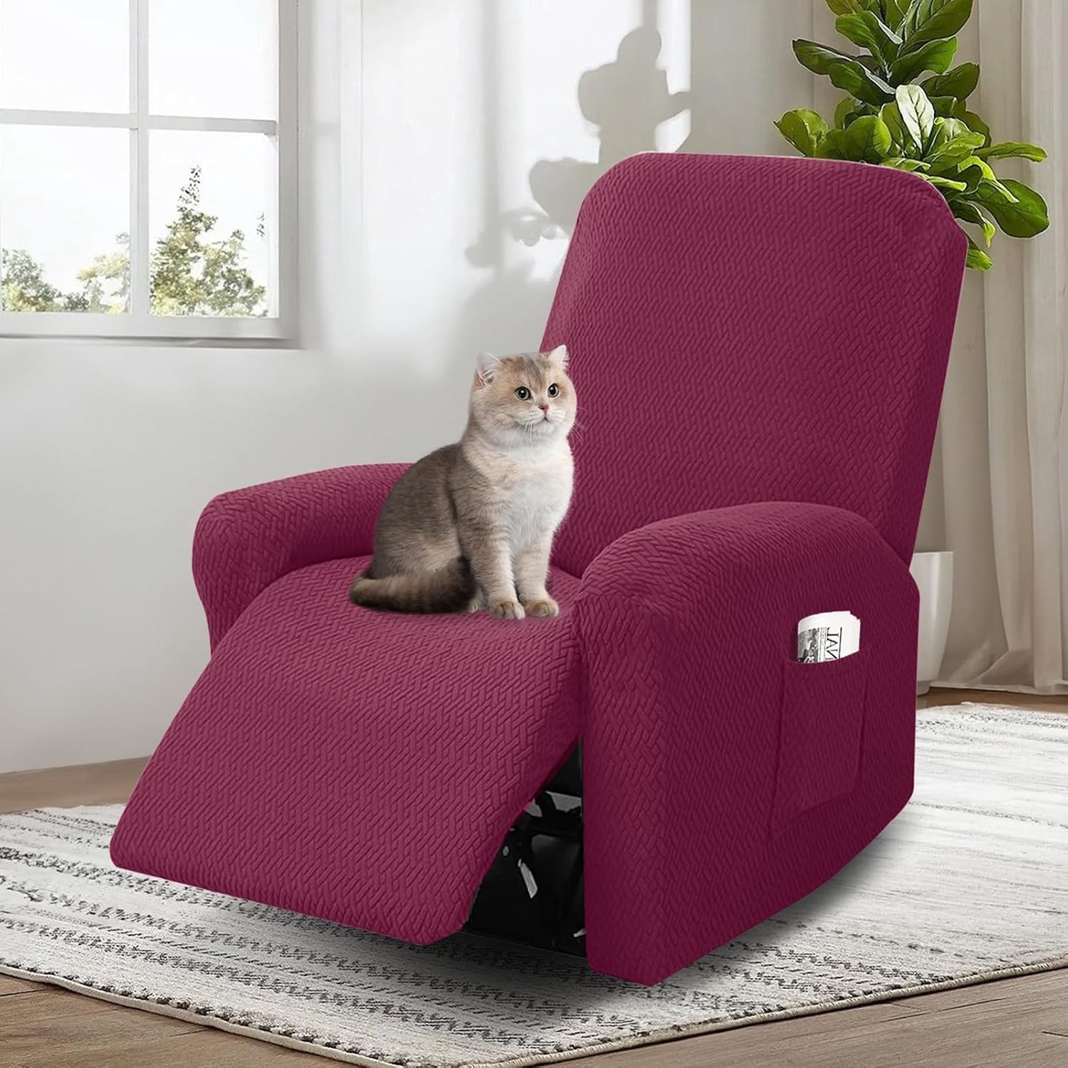 Comfortabele Elektrische Relaxfauteuil met Rekbare Bekleding, Armsteunbeschermers en Opbergtas - Wijnrood, Ideaal voor Woonkamer en Thuisgebruik