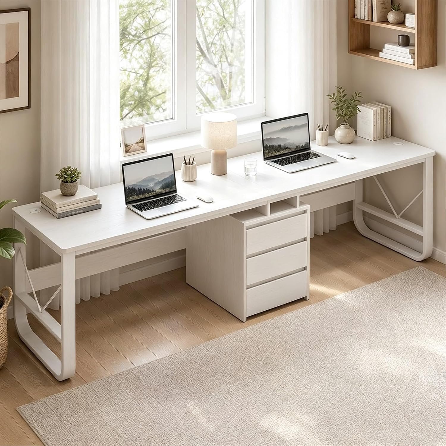 Modern dubbel bureau met opberglades, brede houten 2-persoons studie-, game- en computertafel voor thuis of op kantoor White,200cm