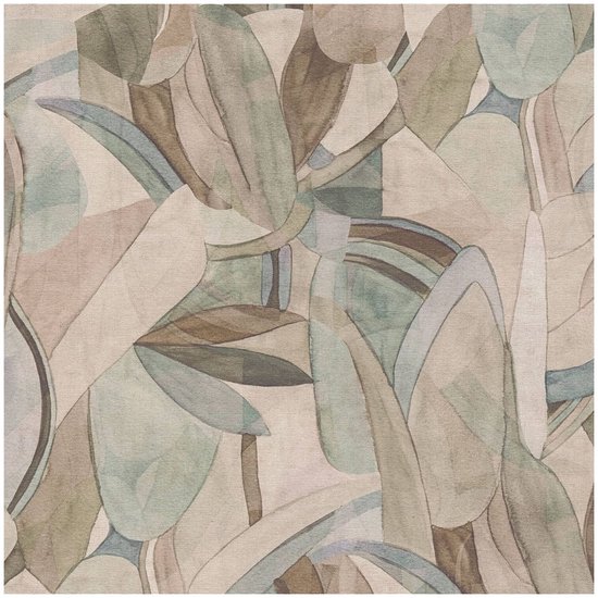 Abstract patroon van overlappende bladeren in pastelkleuren zoals grijs, beige, bruin, lichtgroen en lichtblauw.