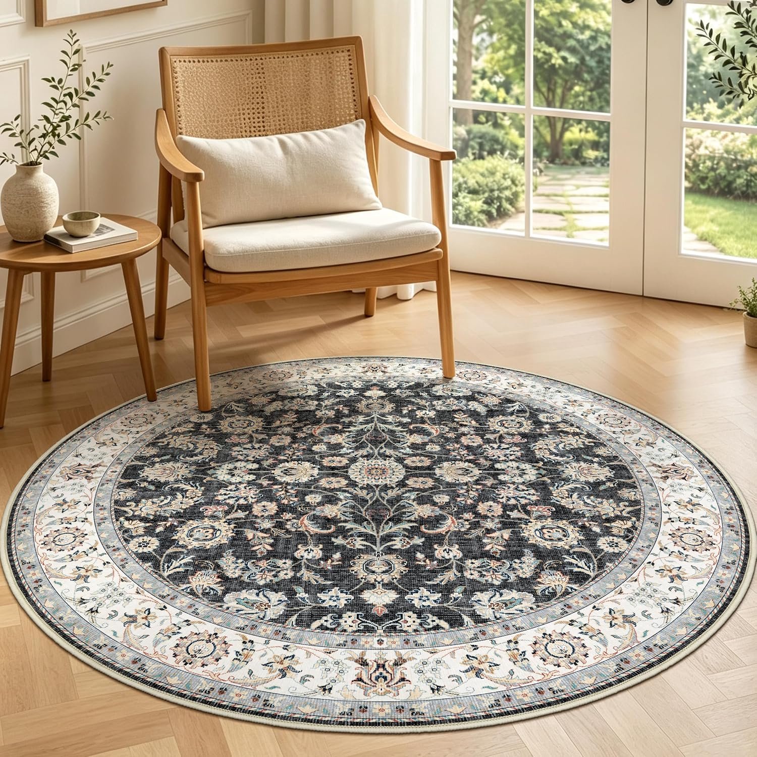 Capslpad Vintage tapijt, rond, 160 cm, wasbaar, zwart