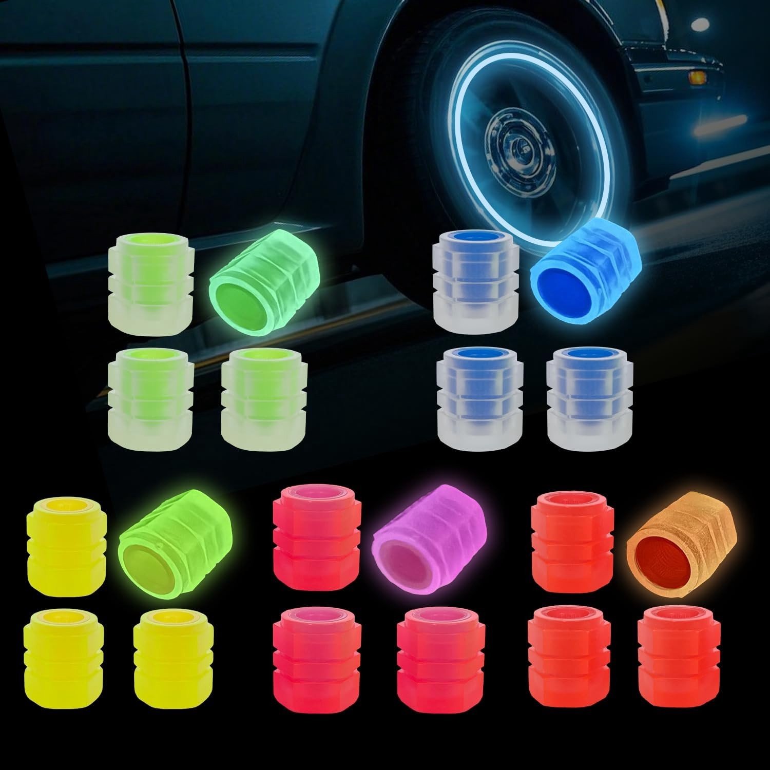20 Stuks Glanzende Ventieldoppen in 5 Kleuren voor Auto's, Fietsen en Motoren - Luminous Caps voor Stabiele Bandenspanning
