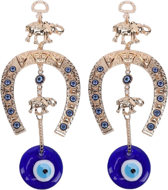 2 Stuks Blauw Oog Charme Hangend Ornament met Olifant Hoefijzerontwerp, Perfect voor Thuis Muur Raam Tuin Kantoor Decor, Blauwe Boze Oog Muur Hangende Hanger & Gouden Hoefijzer — afbeelding 5