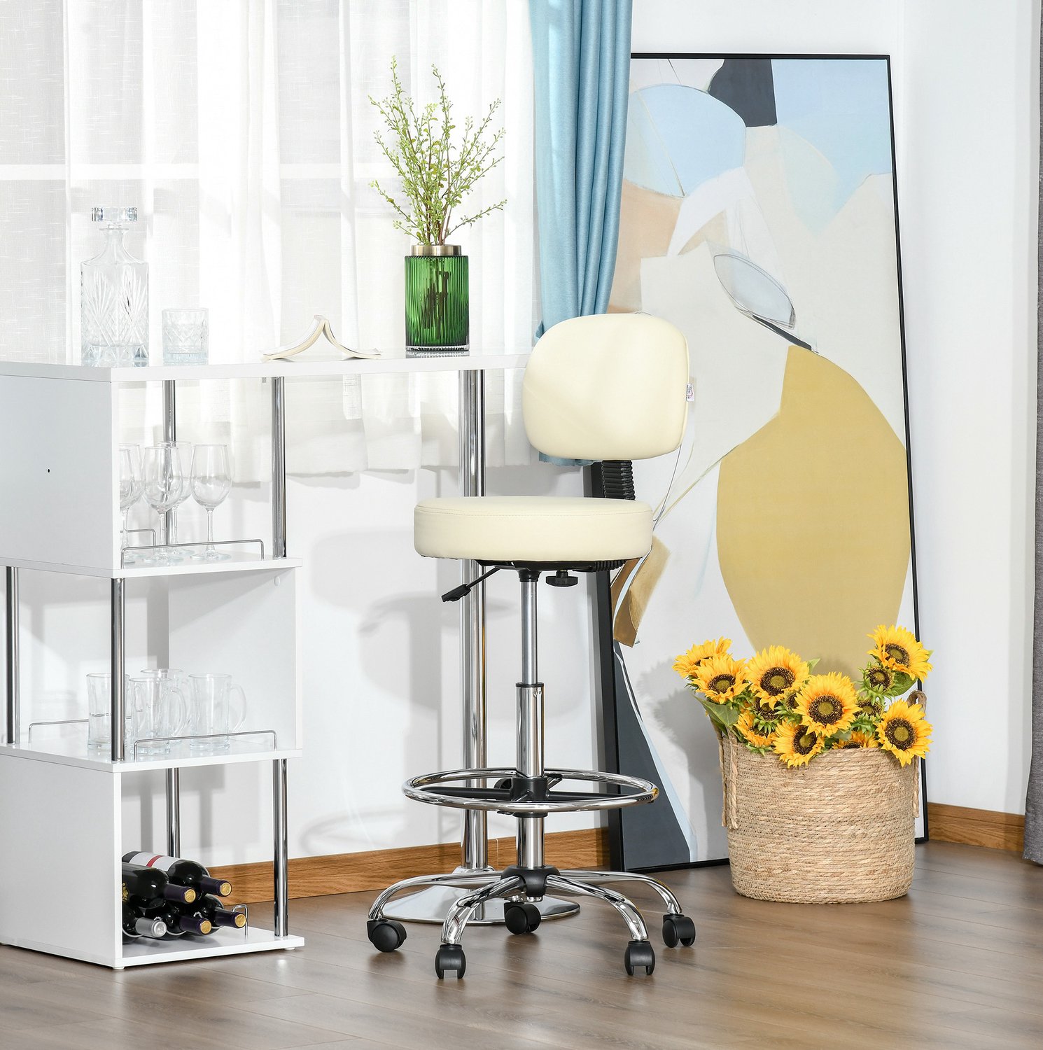 DESMIU Barkruk 56 x 57 x 104 Tot 127 cm - Draaibaar En In Hoogte Verstelbaar Met Wielen - Voor Keuken En Bar - Kunstleer Beige