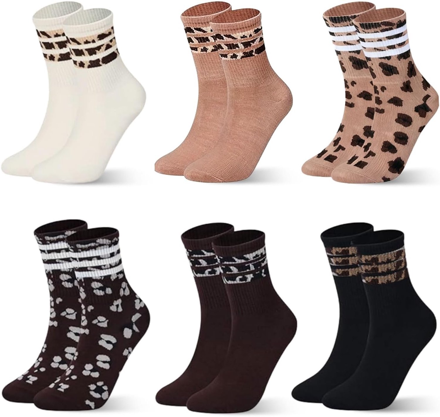 6 paar tennissokken voor dames, met luipaardpatroon, sokken met luipaardpatroon, sportsokken, strepen, crew socks, stretch, ademend, hardloopsokken