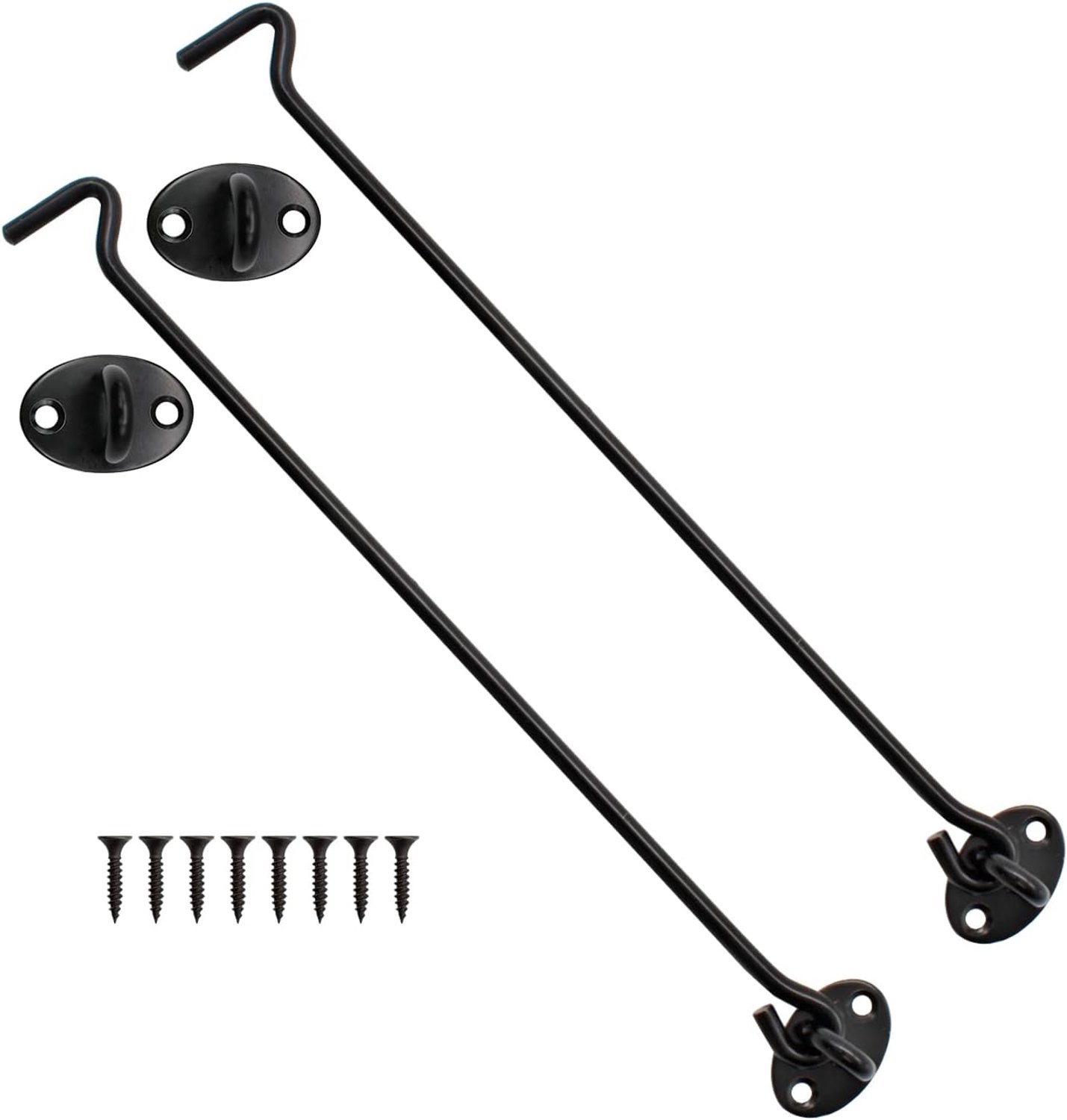 Stormhaken, 2 stuks, 300 mm, zwarte roestvrijstalen raamhaken, matzwarte cabinehaken, met 8 schroeven, voor garageramen, deuren, tuinhuisjes, deursloten