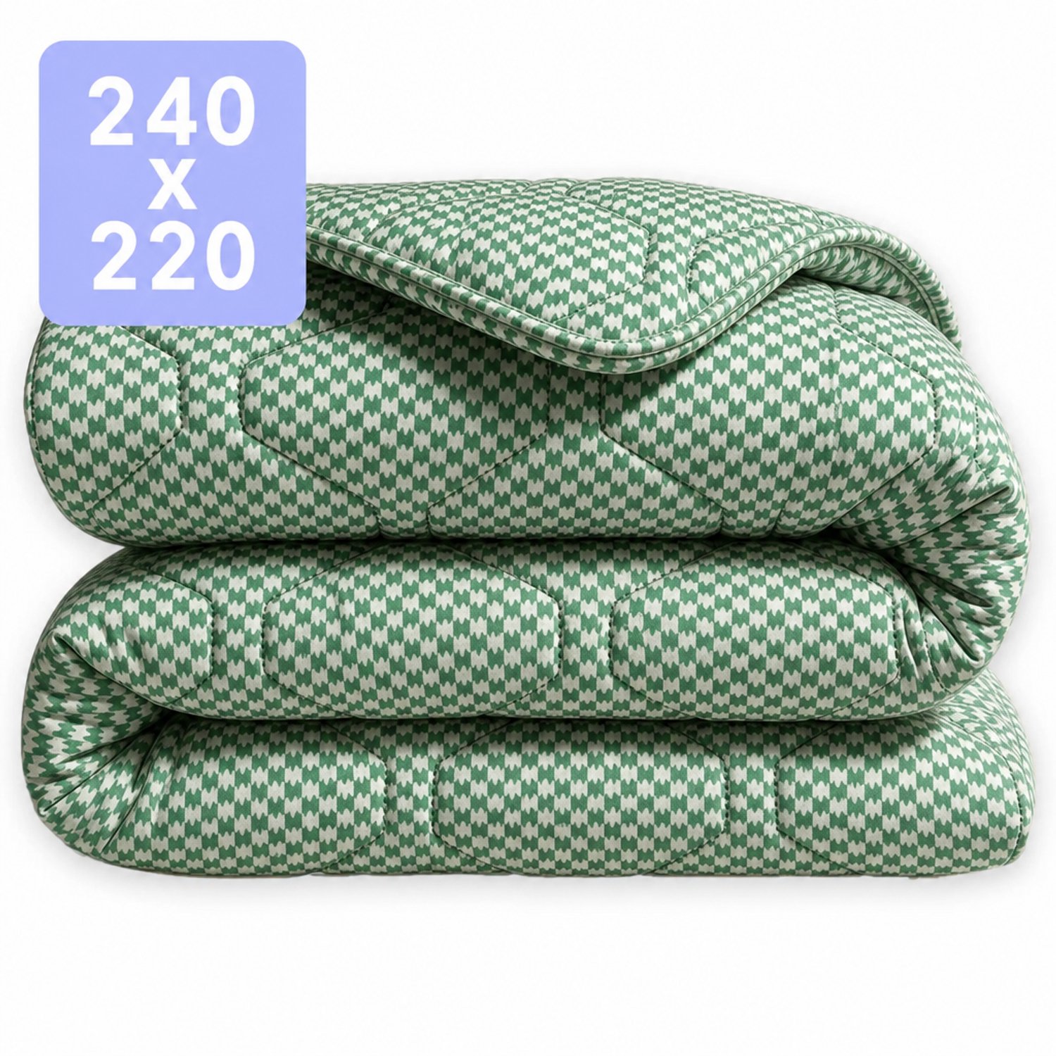 HappyBed Dekbed zonder overtrek 240x220 - 100% Katoen - Wasbaar Dekbed - Bedrukt dekbed zonder hoes - Hoesloos Dekbed - Lits Jumeaux - Houndstooth Green