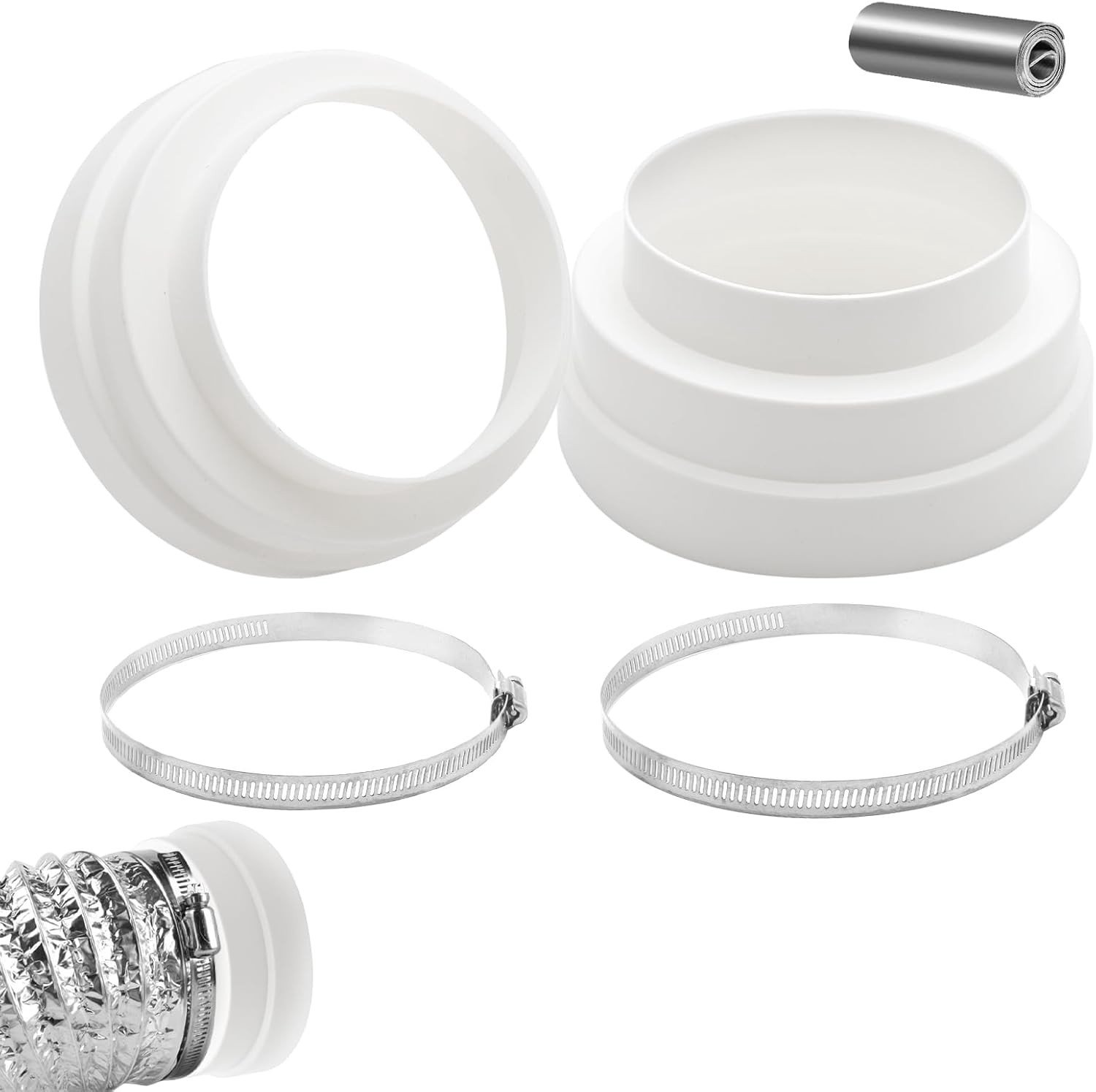 Reducer Connector Set van 2 Stuks, 120 150 160 mm, Inclusief RVS Slangklemmen voor Ventilatiesystemen en Luchtkanalen
