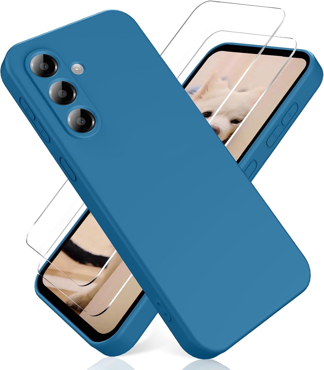 Beschermhoes voor Samsung Galaxy A37 5G, met [2 stuks] displaybeschermfolie van gehard glas, zachte vloeibare TPU-siliconen, blauw