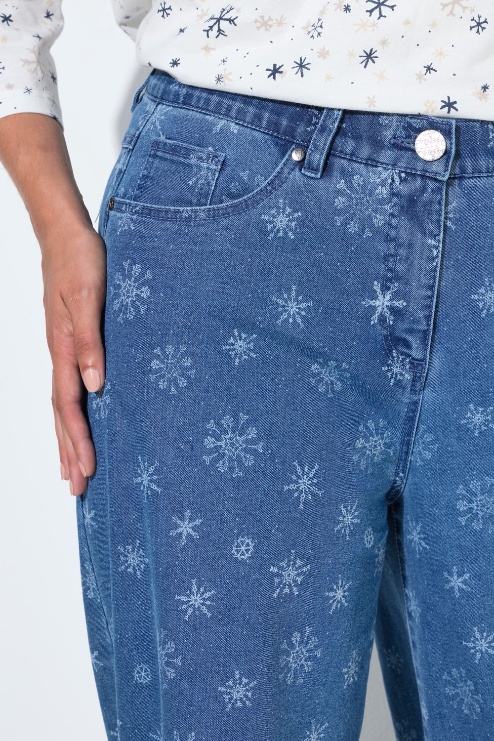 Ulla Popken - Dames - Jeans Mary sneeuwvlokken wijde rechte pijpen - Blauw denim - Maat 48