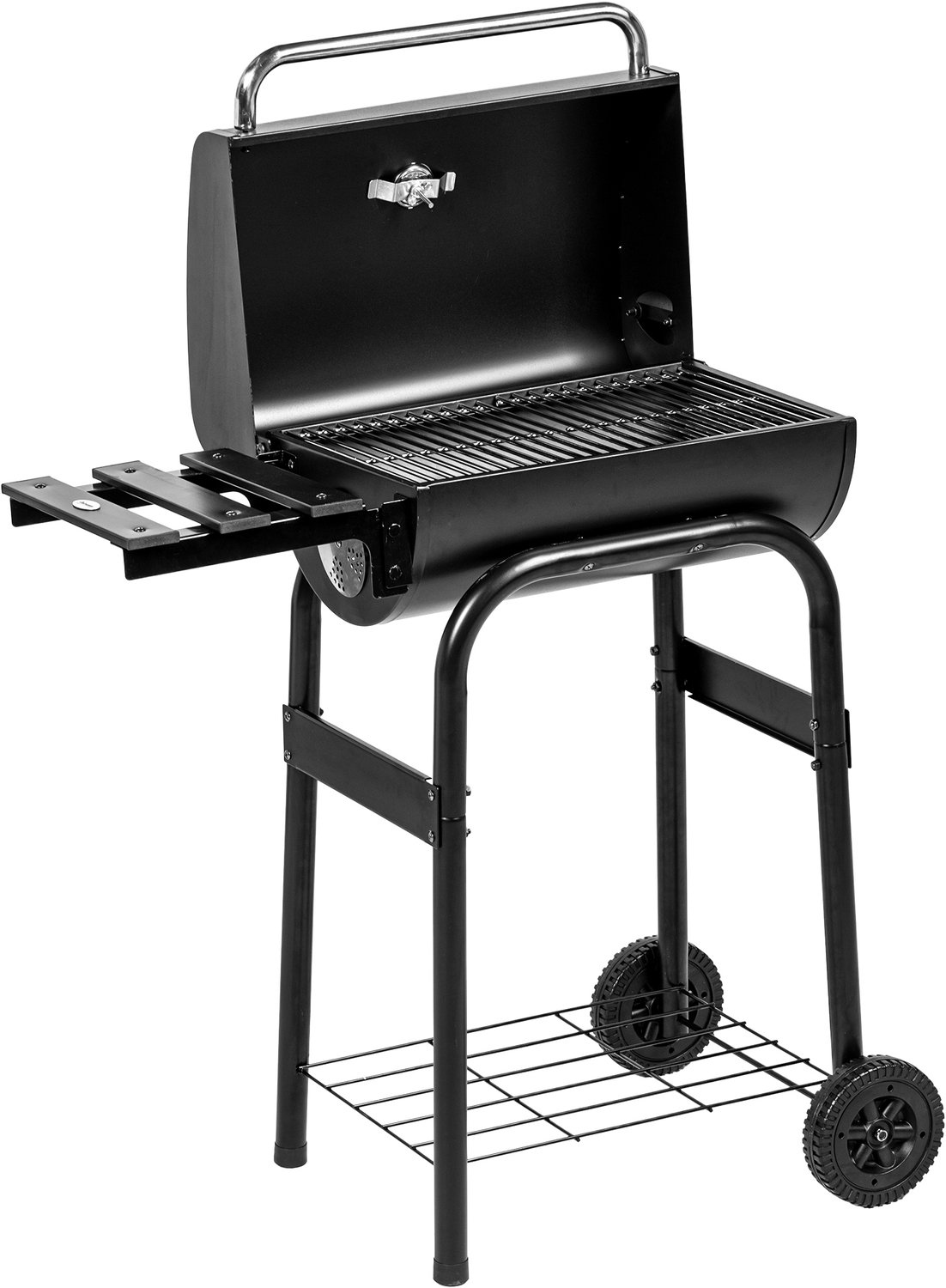 Houtskoolbarbecuewagen met schappen, wielen, deksel, thermometer, schoorsteen, zwart metaal